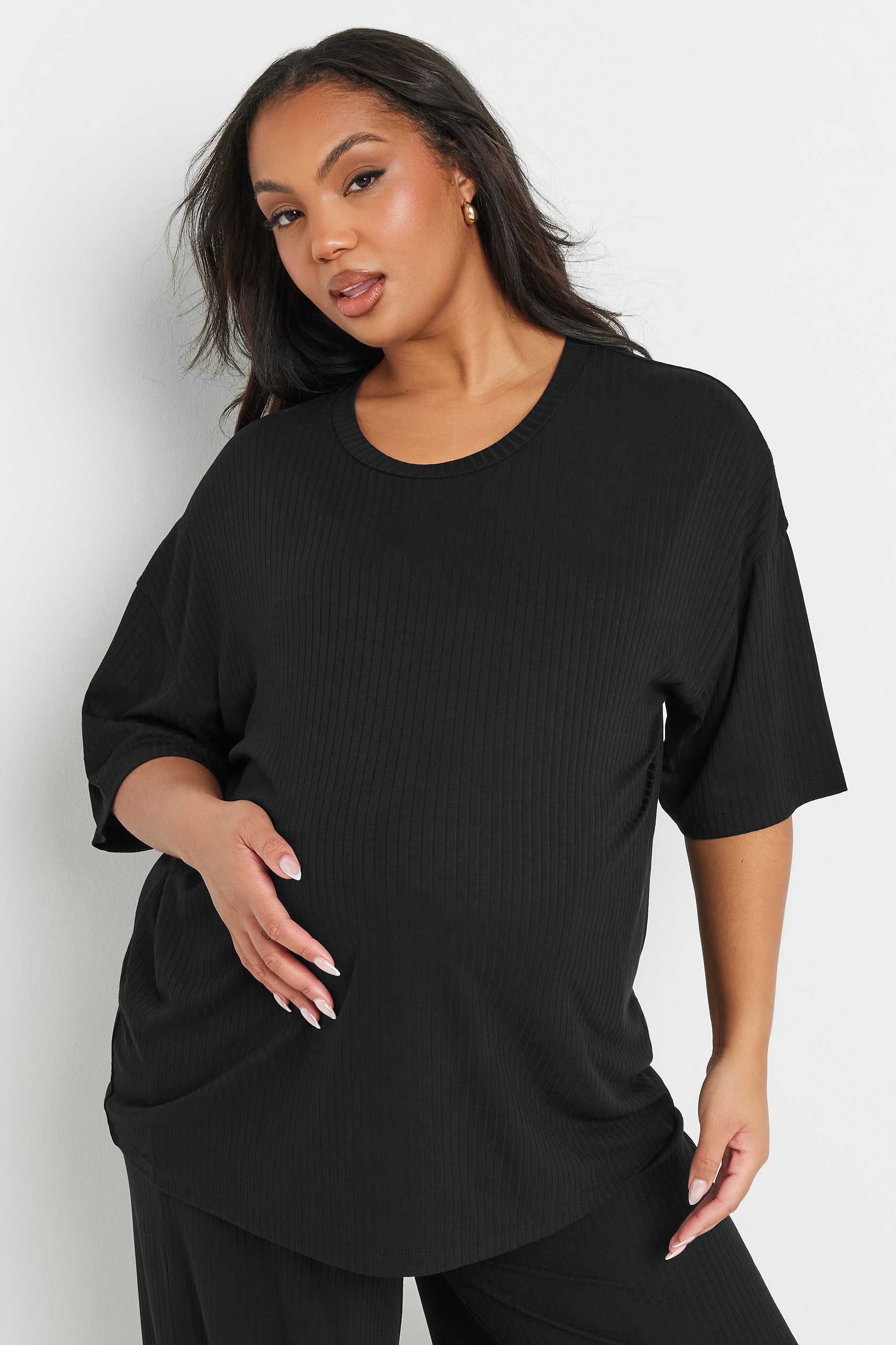 BUMP IT UP MATERNITY Plus Size Black Premium Ribbed Top | Yours Clothing 3