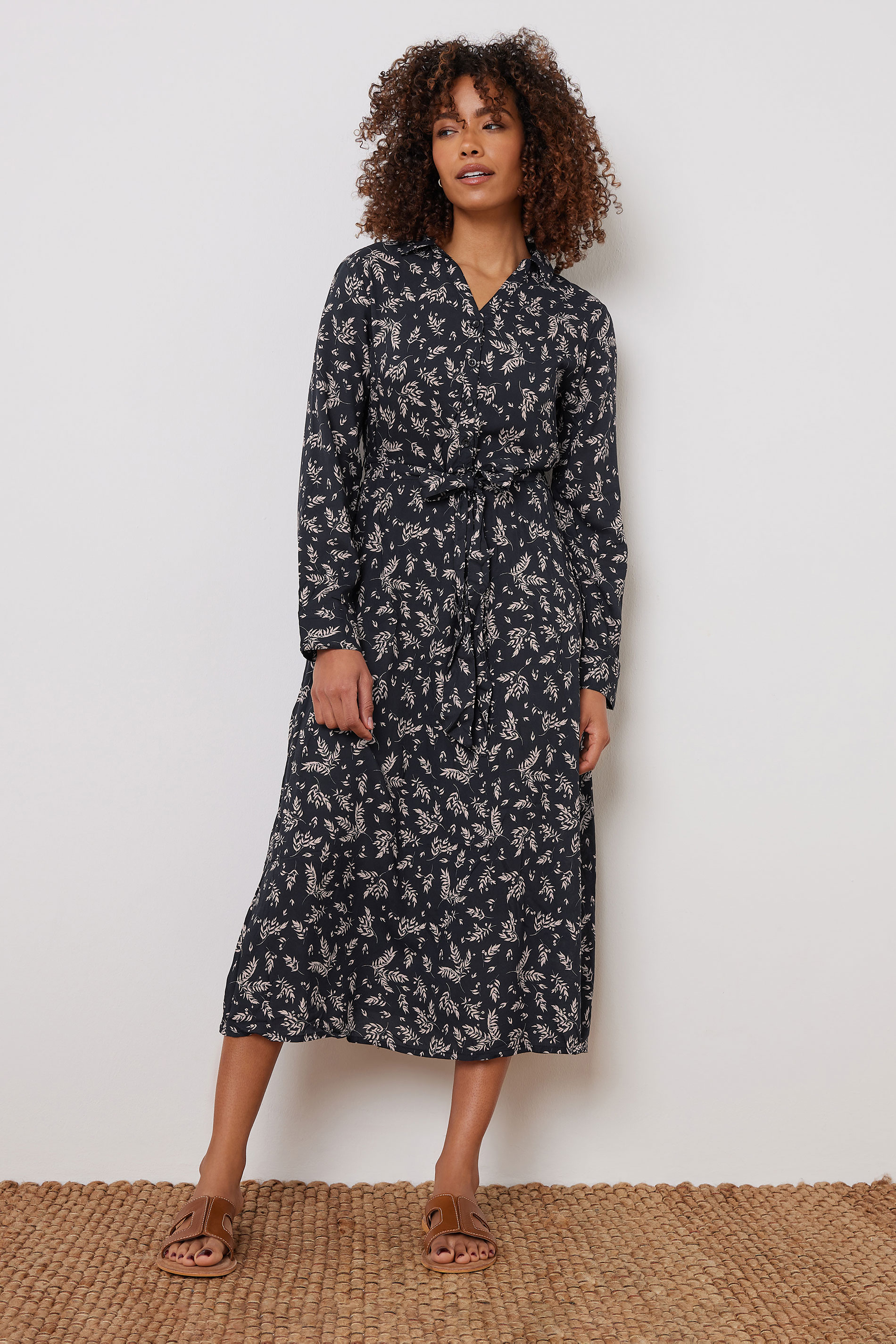 M&Co Black Leaf Print Belted Midi Shirt Dress | M&Co 1