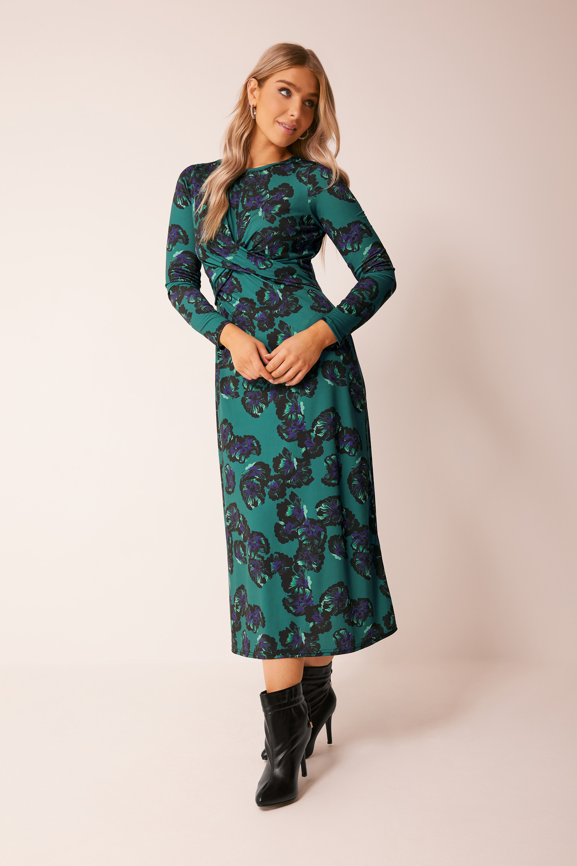 M&Co Dark Green Floral Twist Midaxi Dress | M&Co  1
