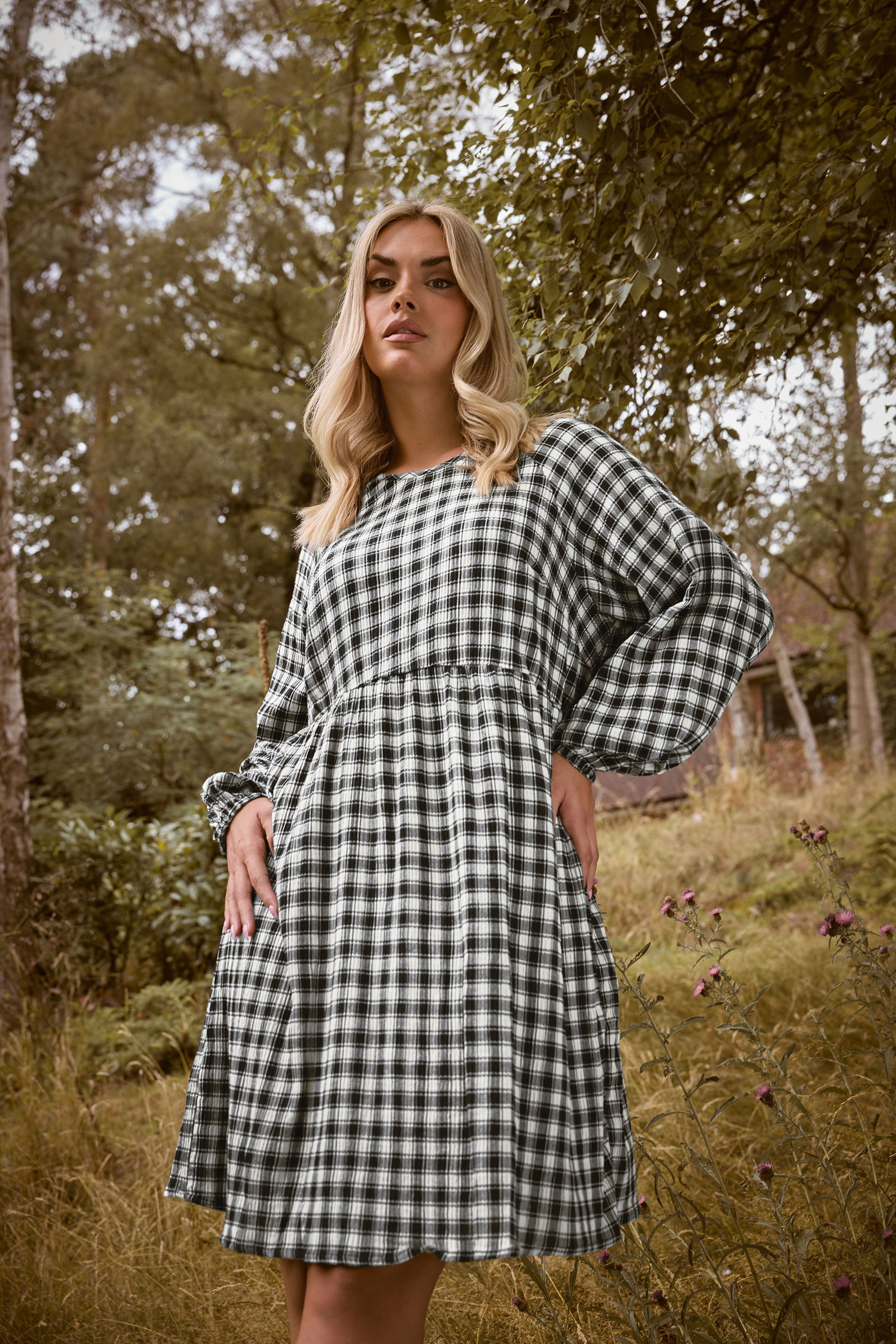 YOURS Plus Size Black Check Textured Smock Dress | Yours Clothing  1