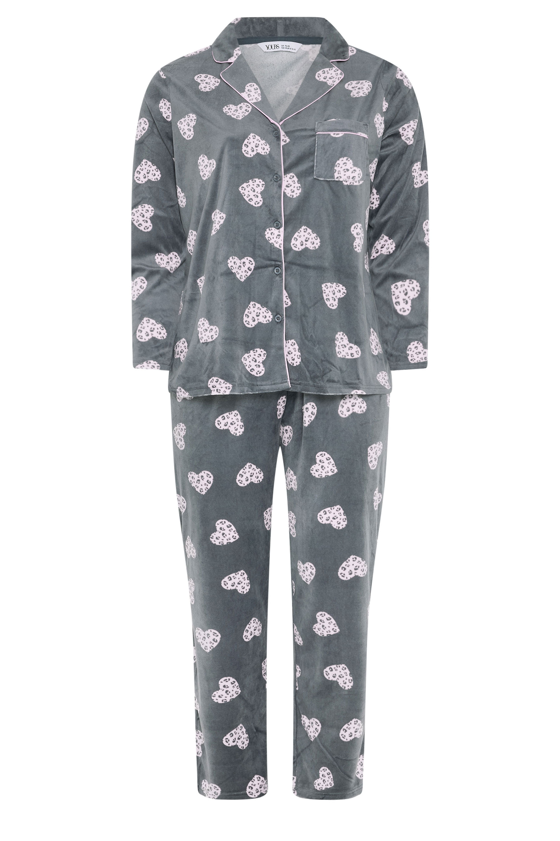 YOURS Plus Size Grey Animal Heart Print Fleece Pyjama Set | Yours Clothing 6