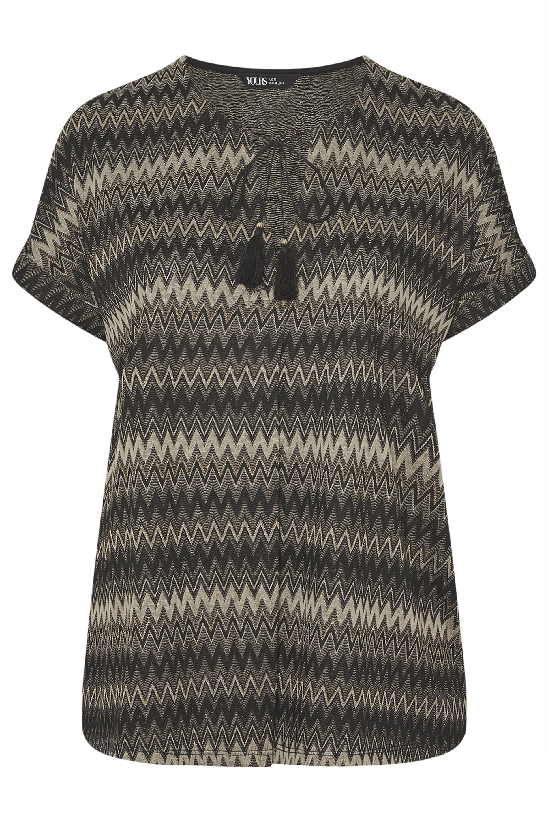 YOURS Plus Size Black Metallic Zig Zag Tie Neck Top | Yours Clothing 7