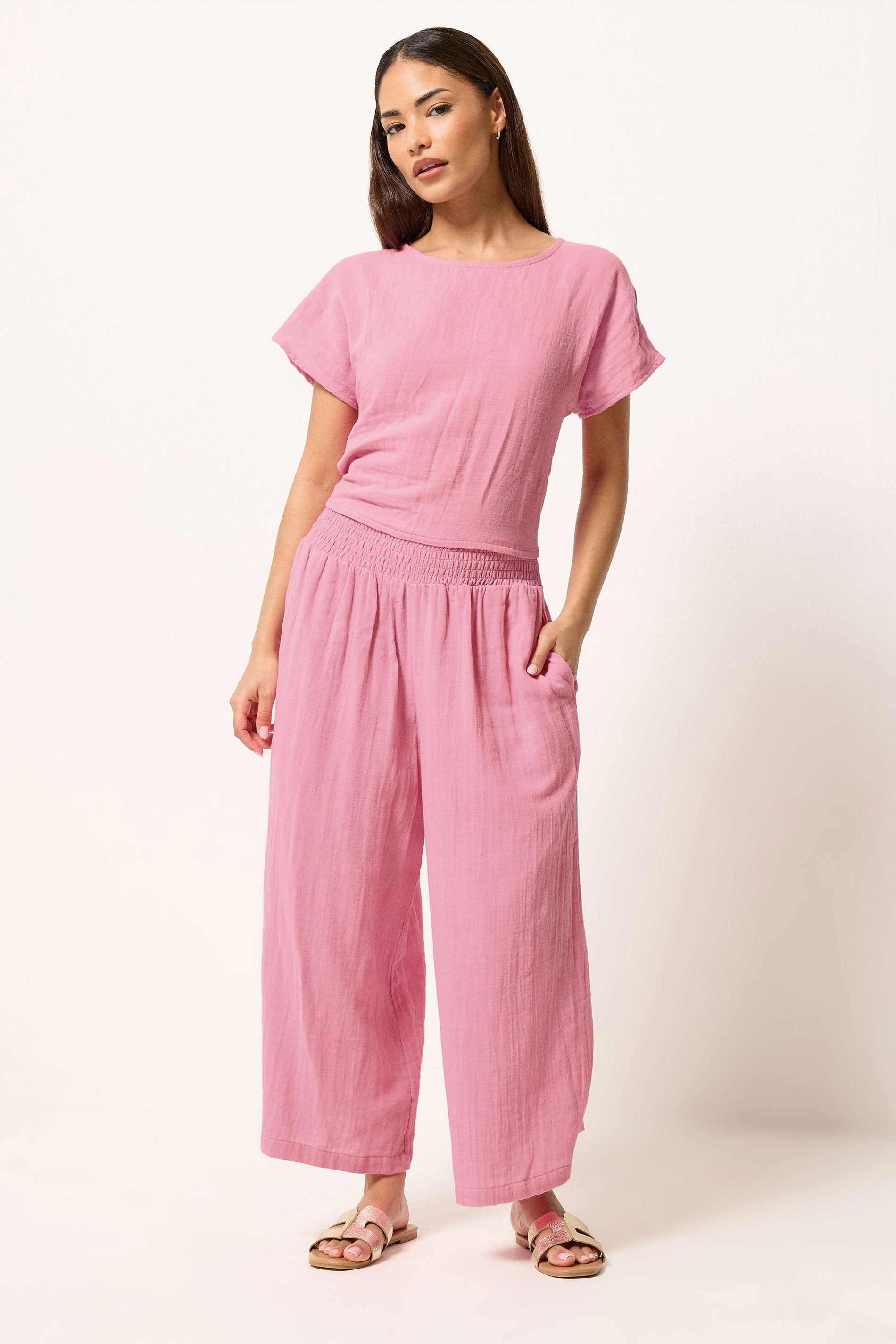 PixieGirl Petite Women's Set Pink Cotton Cheesecloth Top & Cropped Trousers | PixieGirl 3