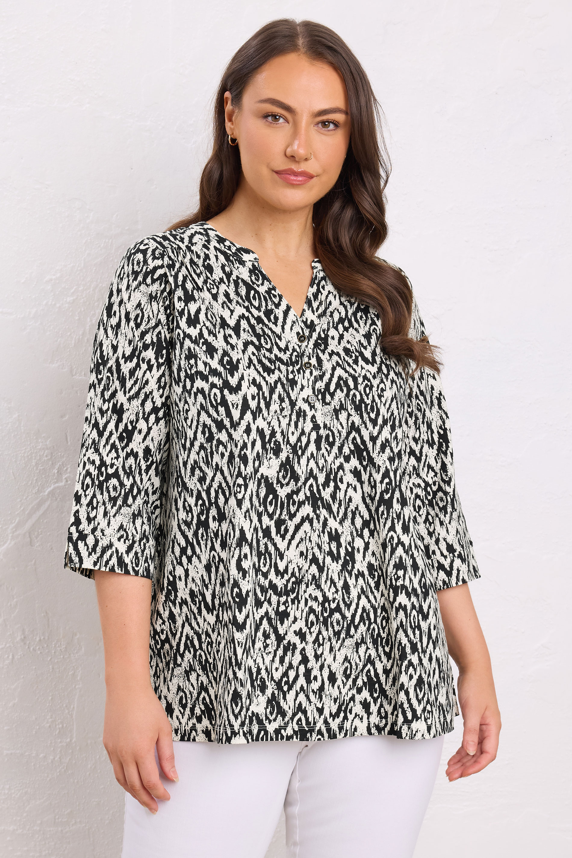 EVANS Plus Size Black Abstract Print Pleat Front Henley Top | Evans 3
