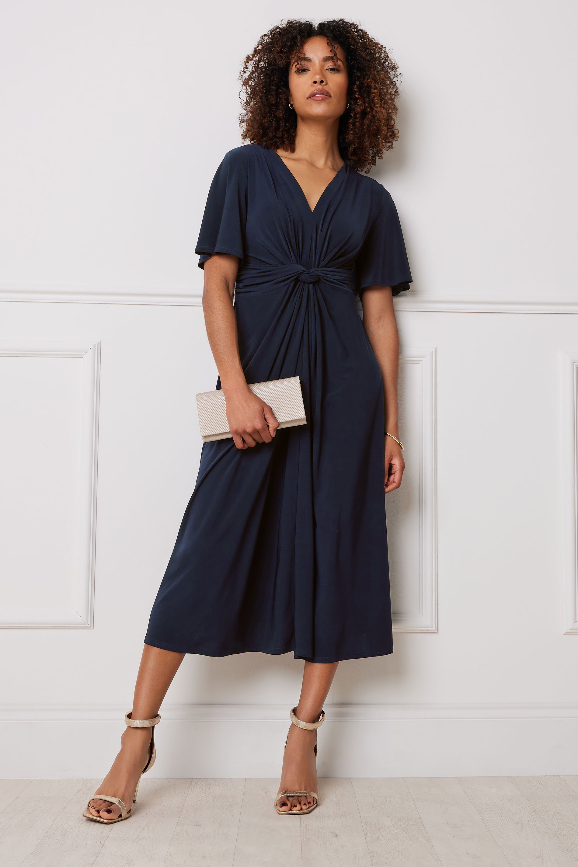 M&Co Navy Blue Short Sleeve Twist Midi Dress | M&Co 1