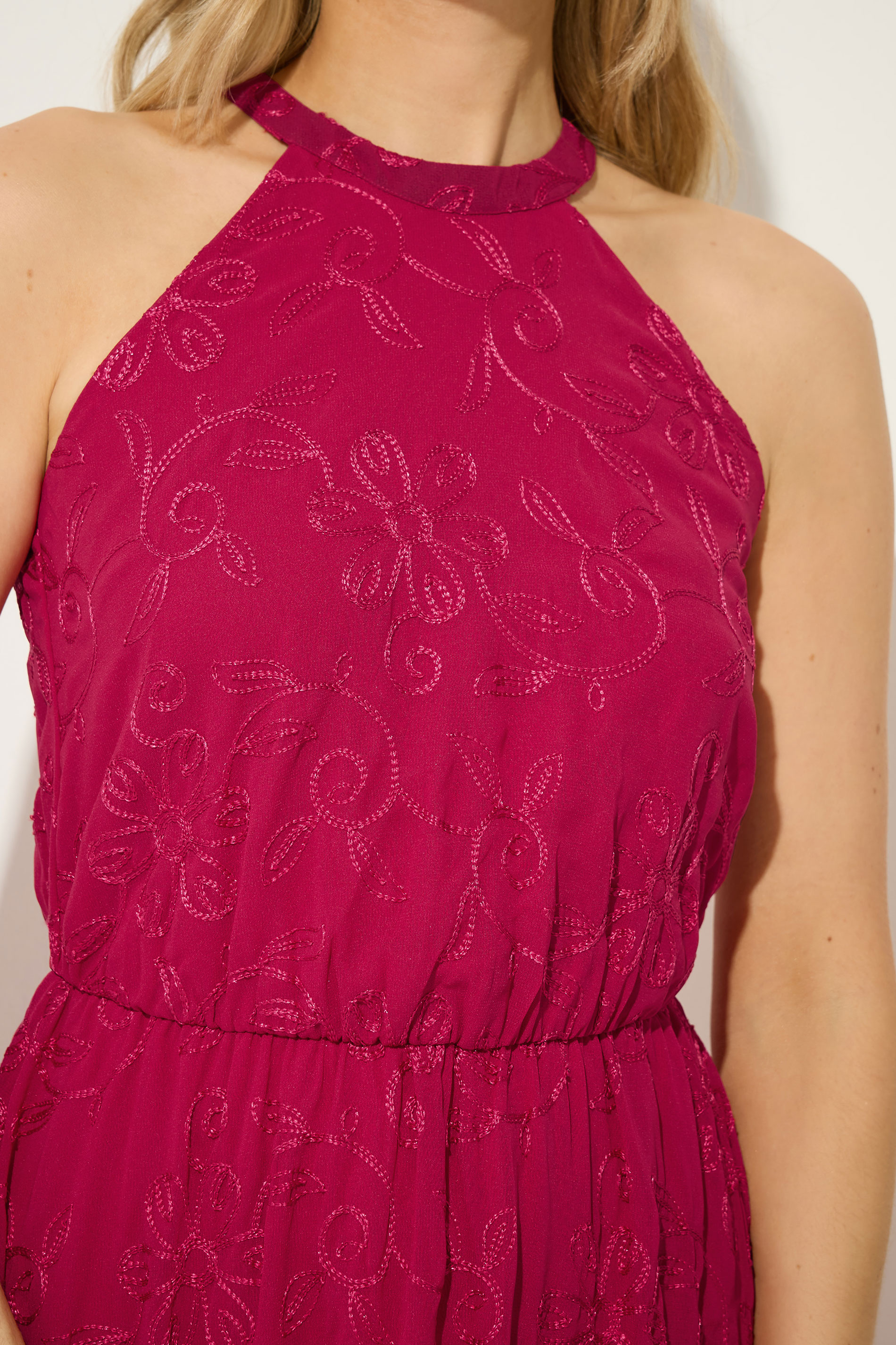 LTS Tall Women's Berry Red Embroidered Halterneck Maxi Dress | Long Tall Sally 4