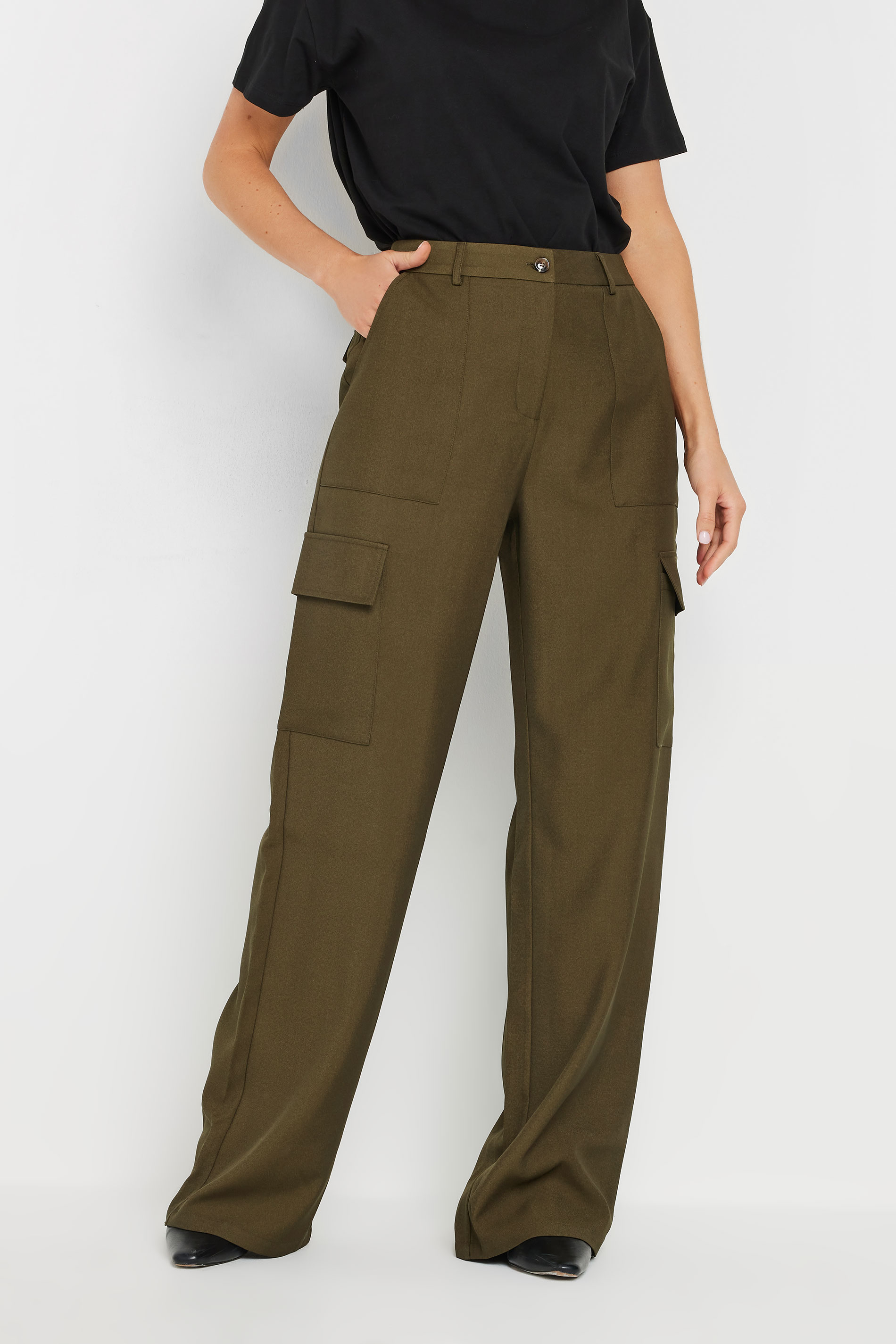 LTS Tall Khaki Green Tailored Cargo Pocket Wide Leg Trousers | Long Tall Sally 2