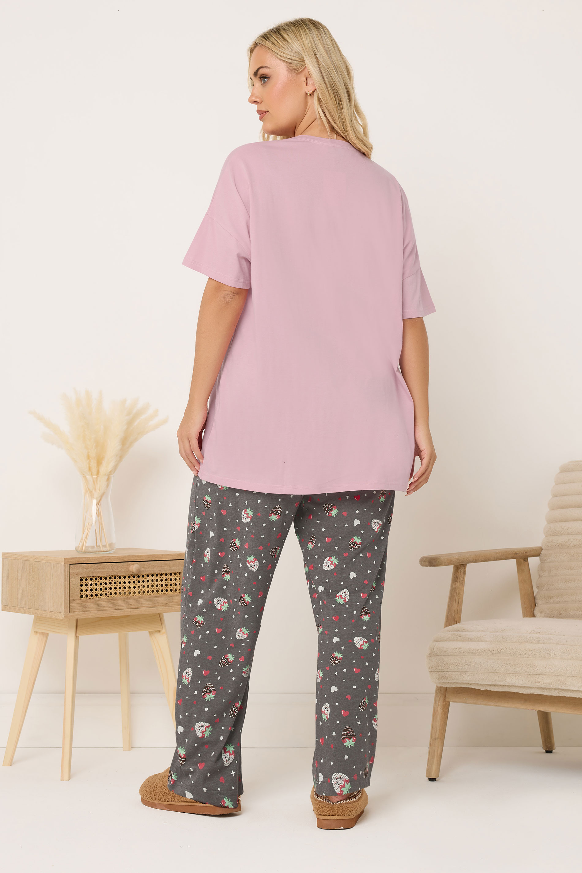 YOURS Plus Size Pink 'Berry Sweet' Wide Leg Pyjama Set | Yours Clothing 2