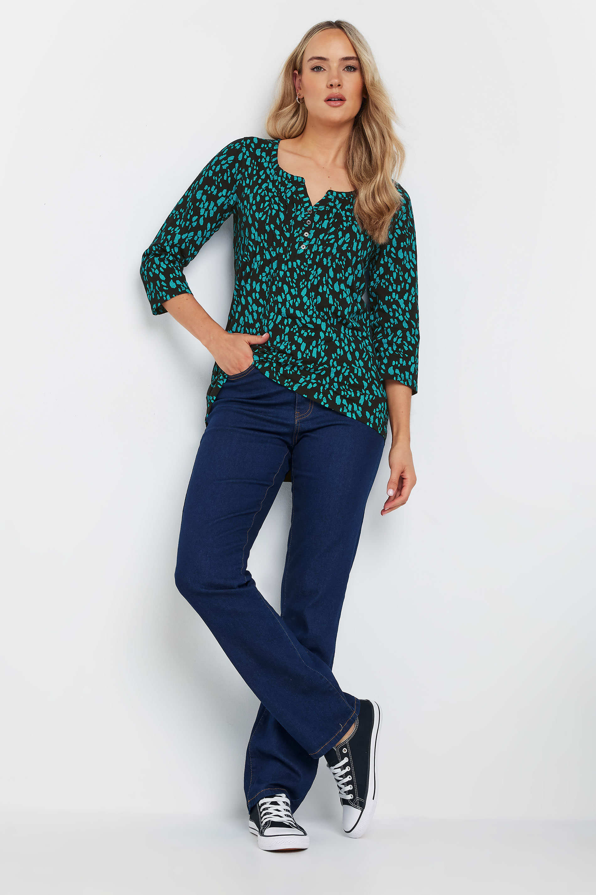 LTS Tall Green Abstract Cotton Henley Top | Long Tall Sally 1