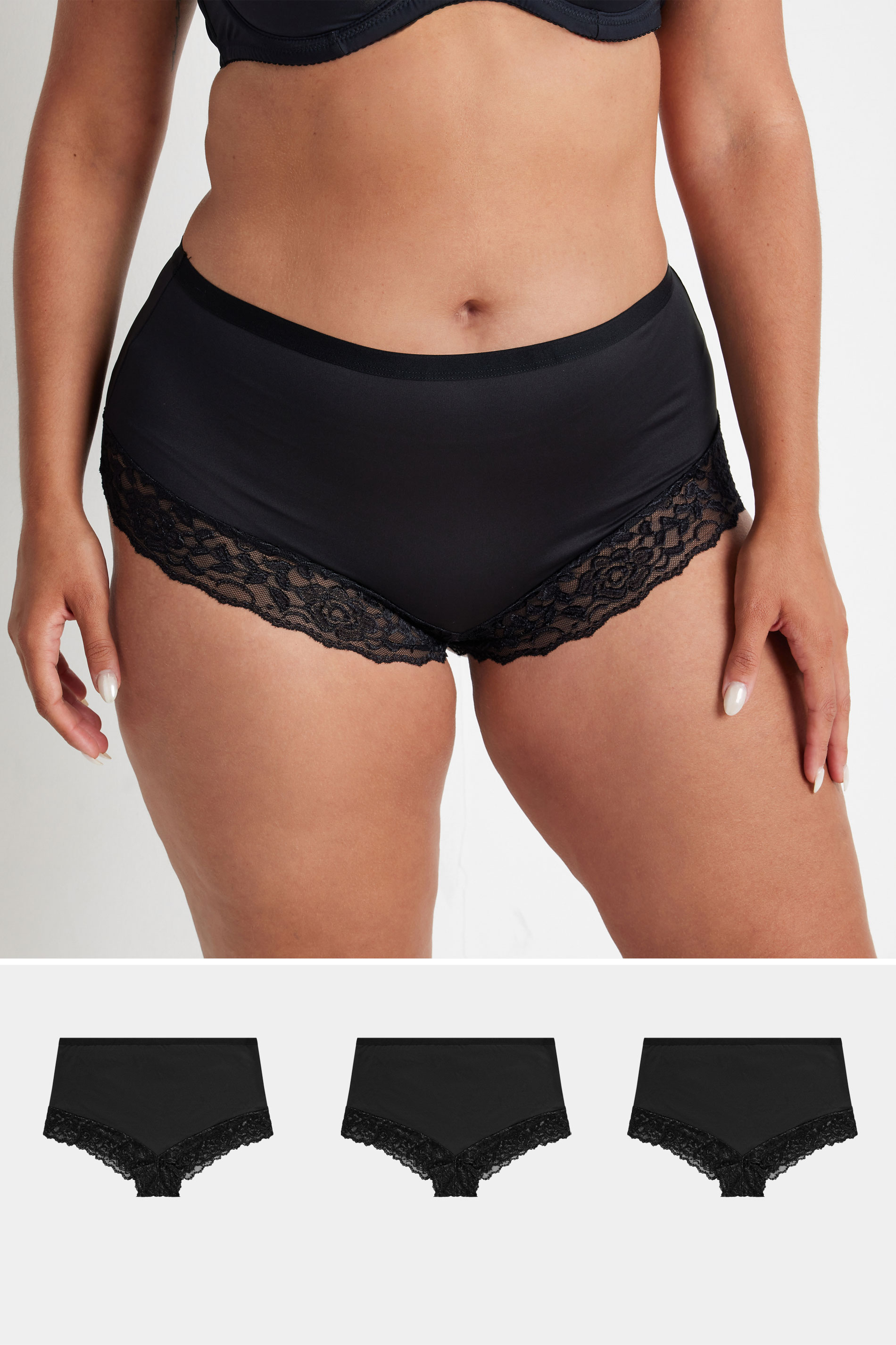 YOURSET 3 PACK Plus Size Black Lace Trim Briefs | Yours Clothing  1