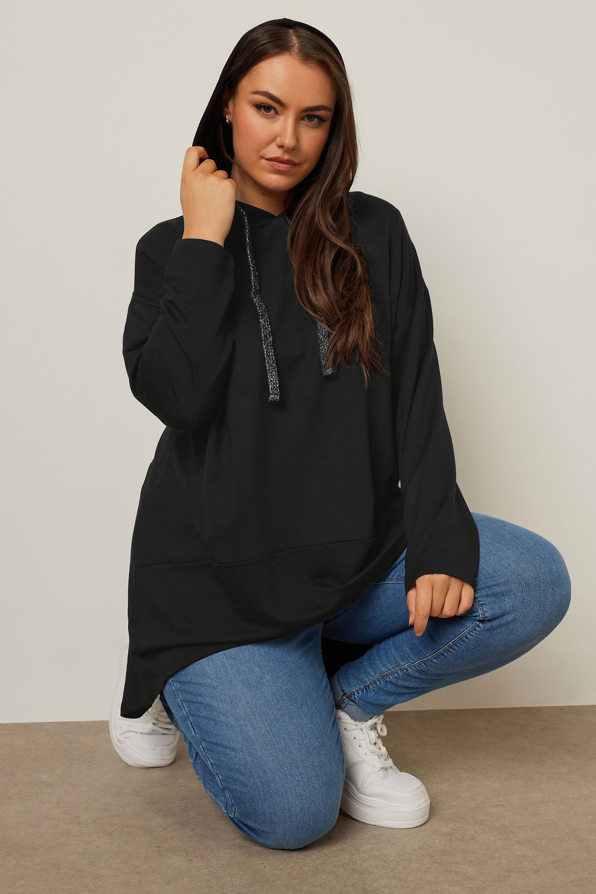 YOURS Plus Size Black Metallic Drawstring Hoodie | Yours Clothing 3