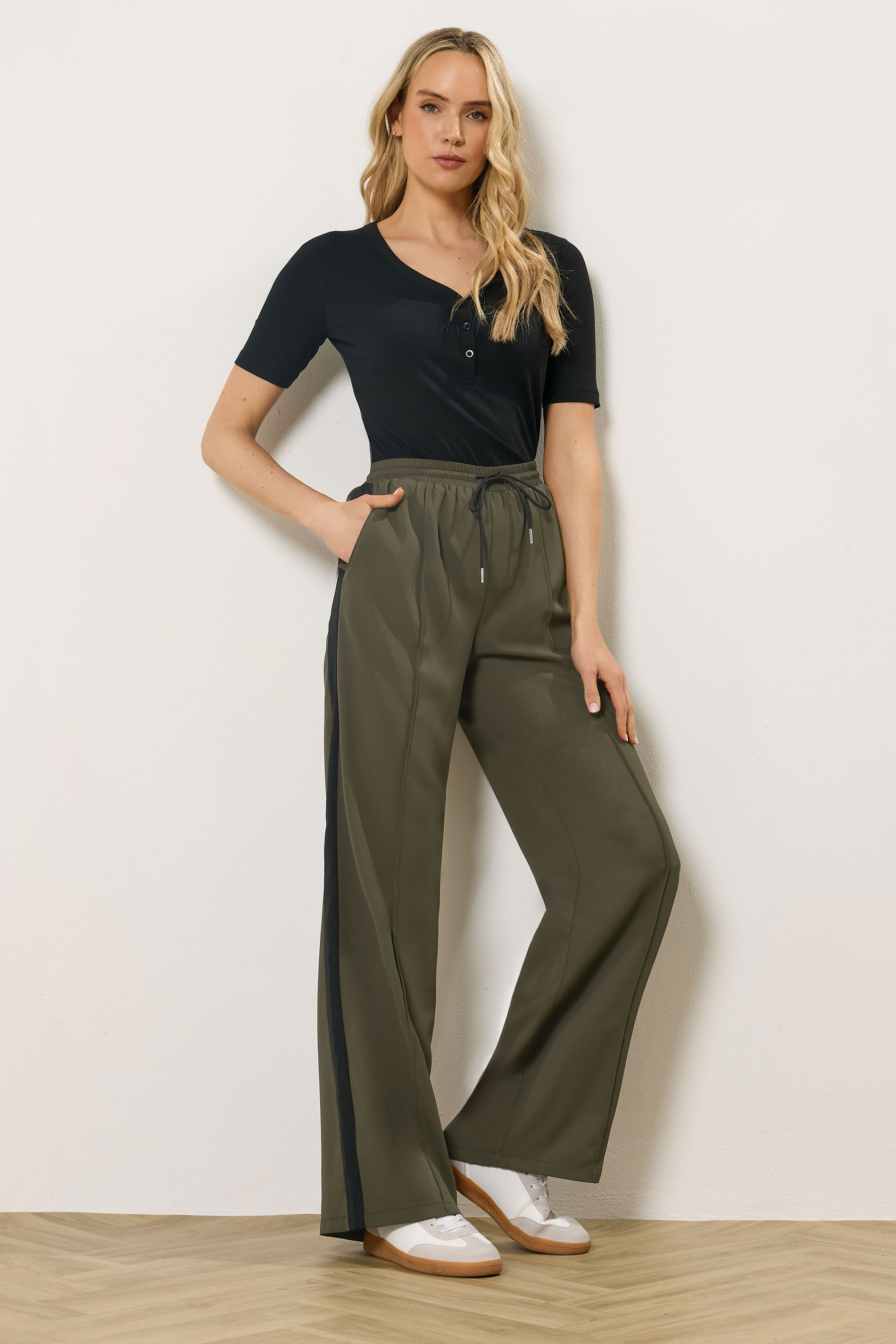 LTS Tall Women's Khaki Green Side Stripe Wide Leg Trousers | Long Tall Sally 3