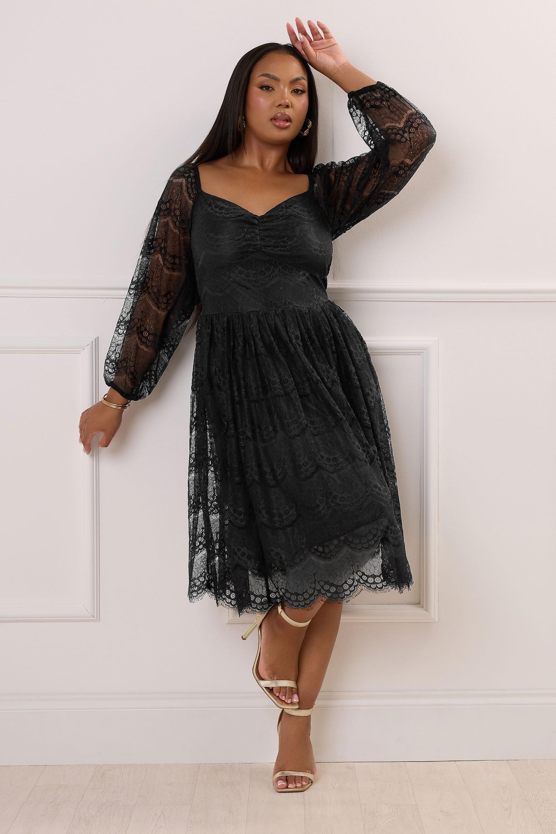YOURS LONDON Plus Size Black Lace Sweetheart Skater Dress | Yours Clothing 3