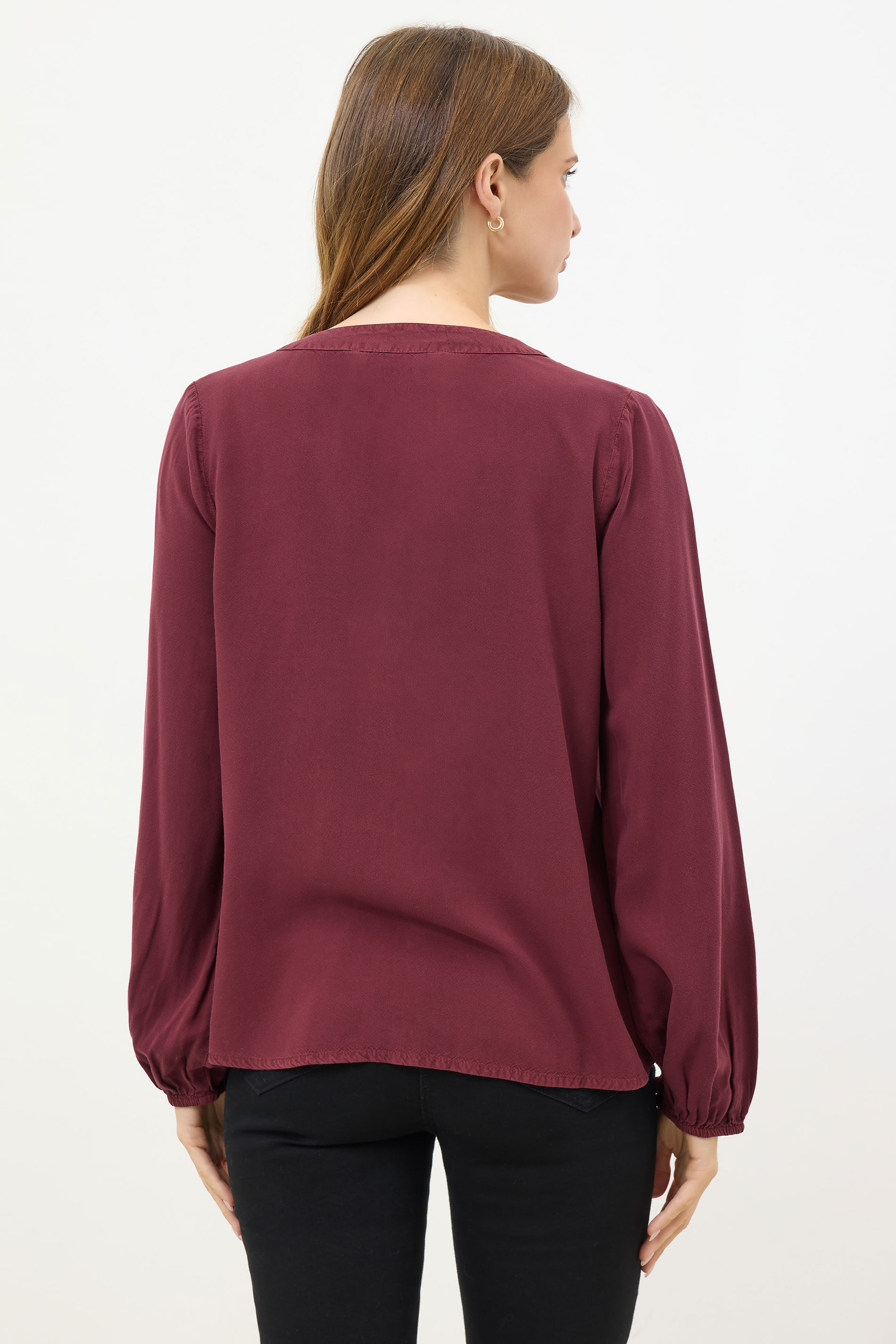 M&Co Berry Red Button Front Long Sleeve Blouse | M&Co 2