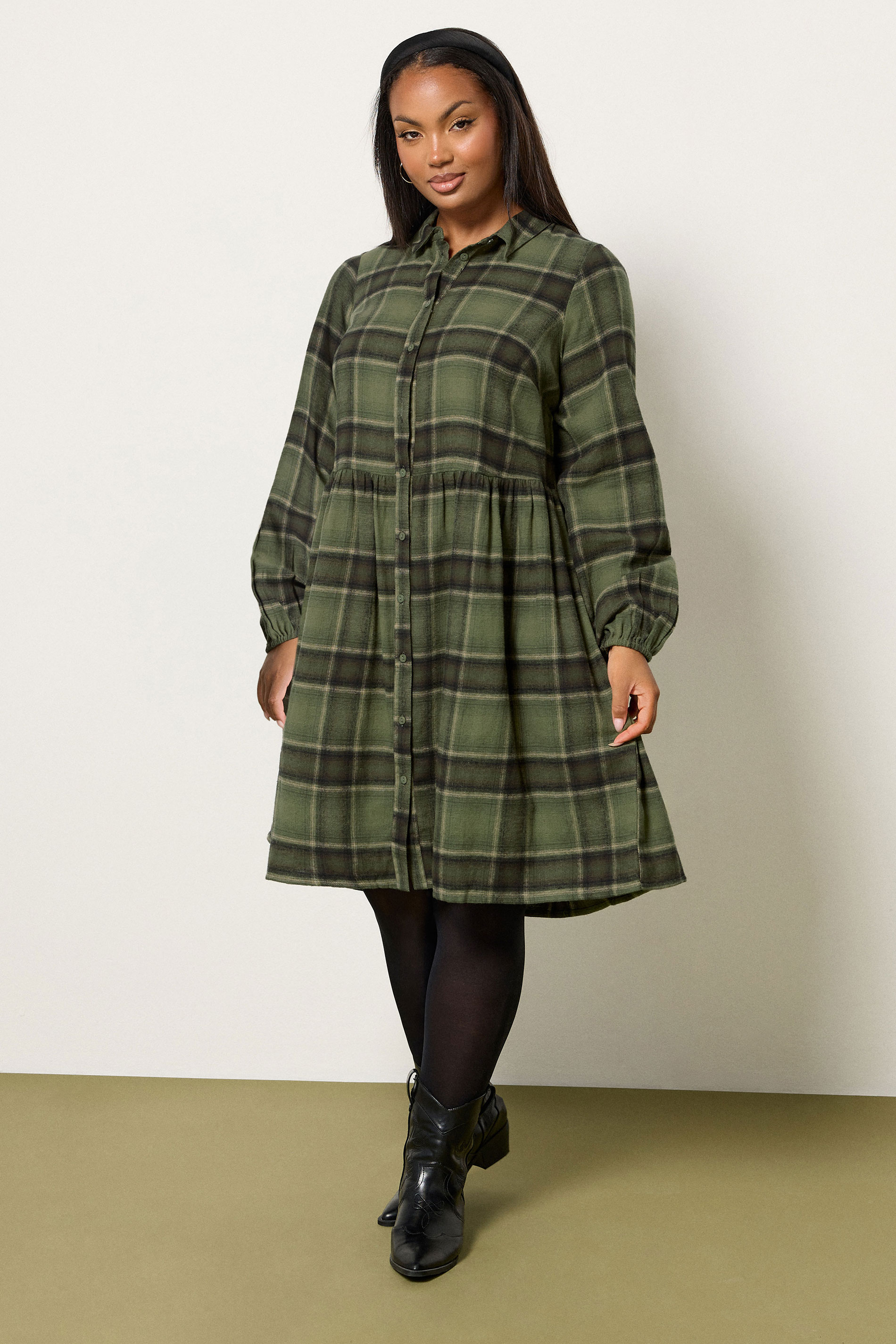 YOURS Plus Size Khaki Green Check Shirt Dress | Yours Clothing 2