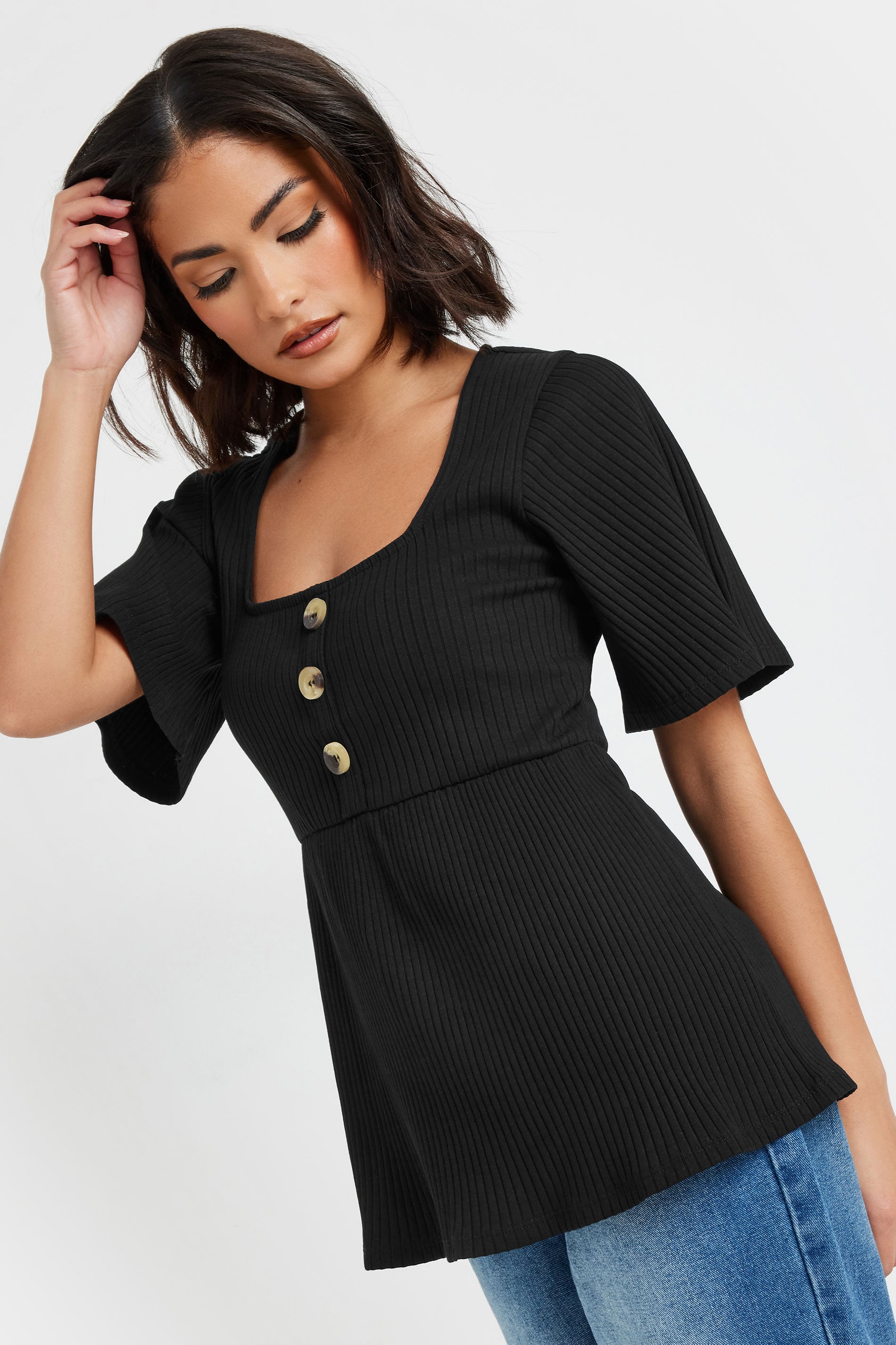PixieGirl Petite Women's Black Ribbed Smock Top | PixieGirl 3