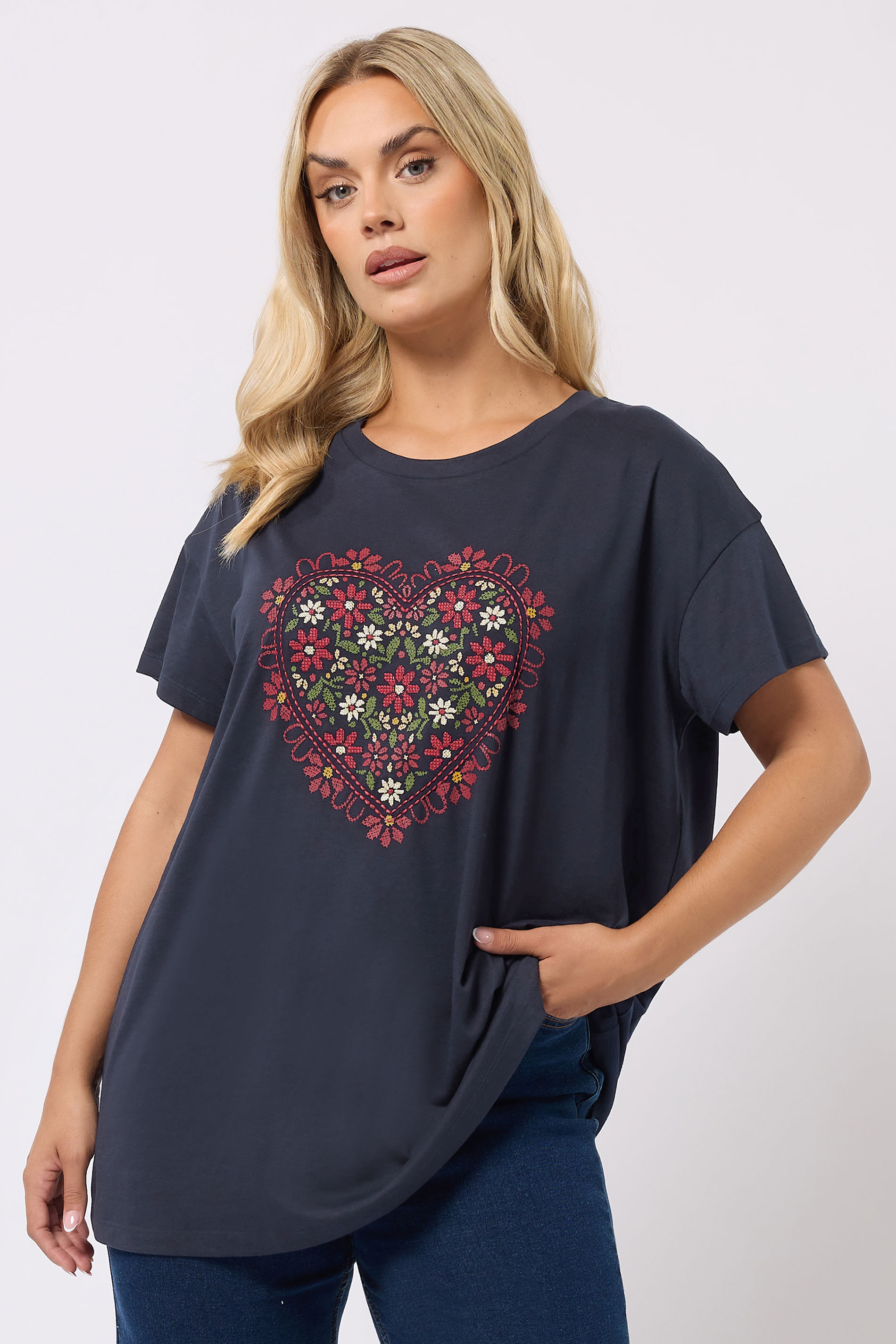 YOURS Plus Size Navy Blue Floral Heart Embroidered T-Shirt | Yours Clothing 3