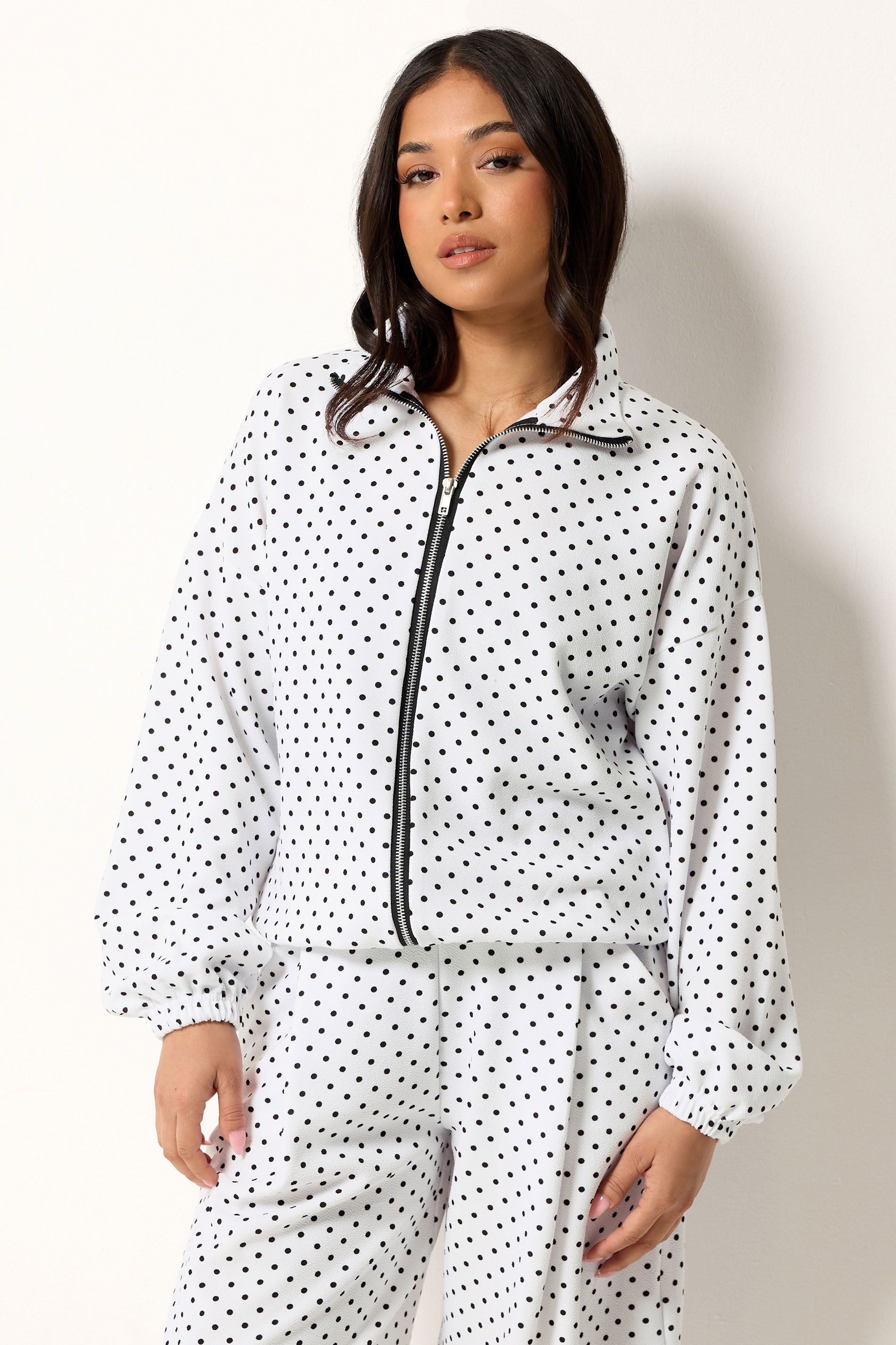 PixieGirl Petite Women's White Polka Dot Textured Funnel Neck Jacket | PixieGirl 1