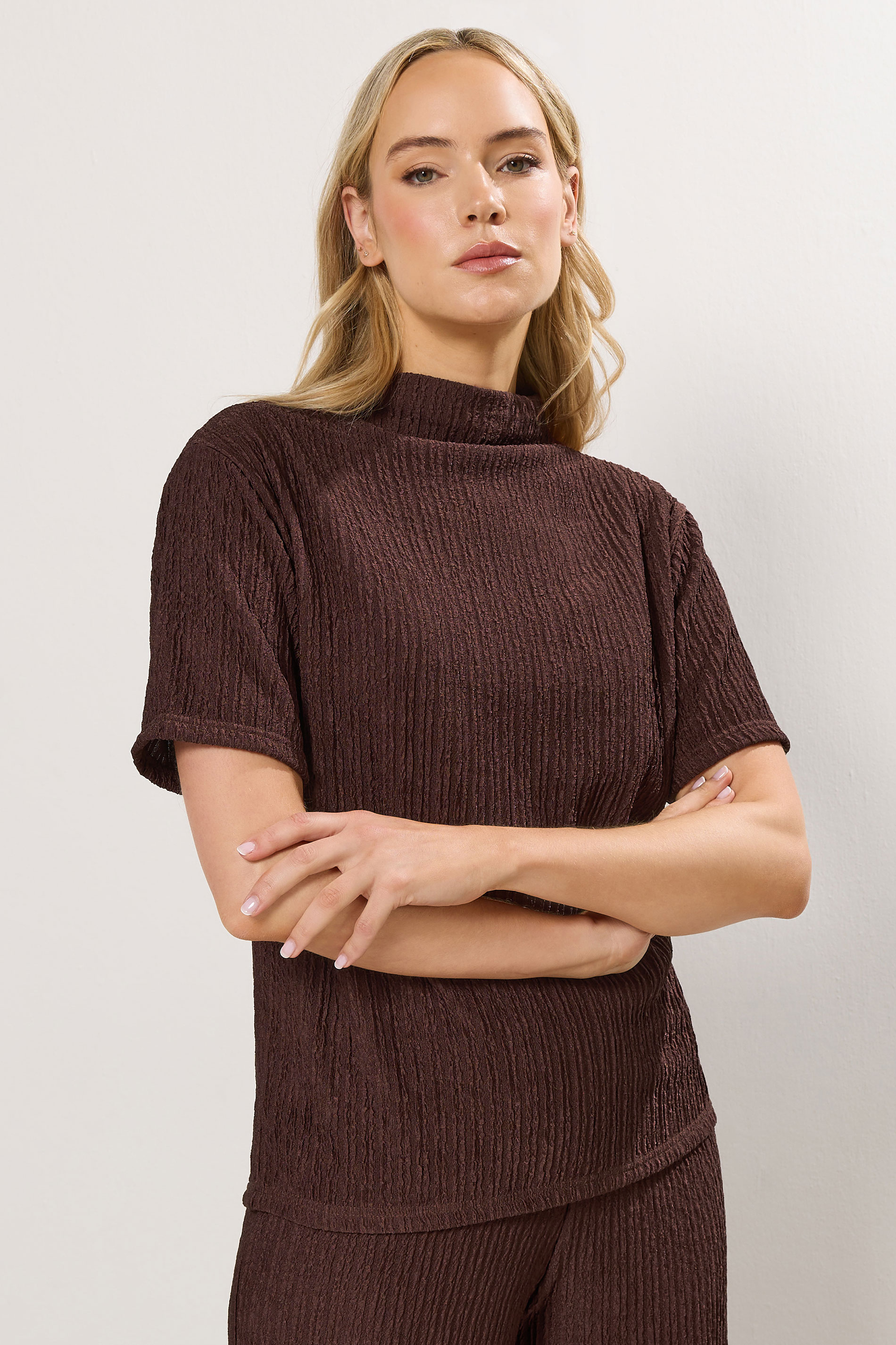 LTS Tall Chocolate Brown Textured Funnel Neck Top | Long Tall Sally 3
