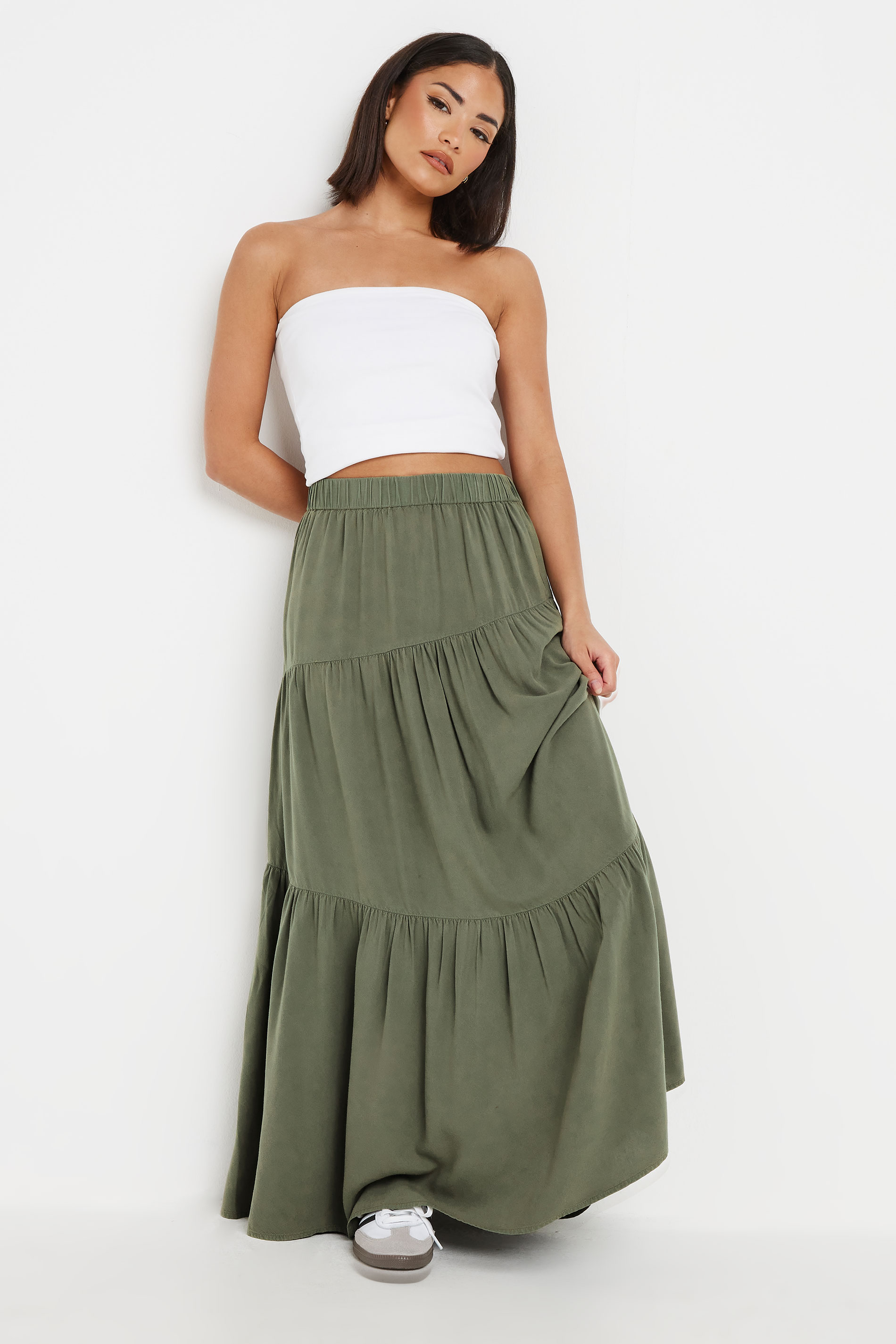 PixieGirl Petite Women's Khaki Green Asymmetric Tiered Maxi Skirt | PixieGirl 3