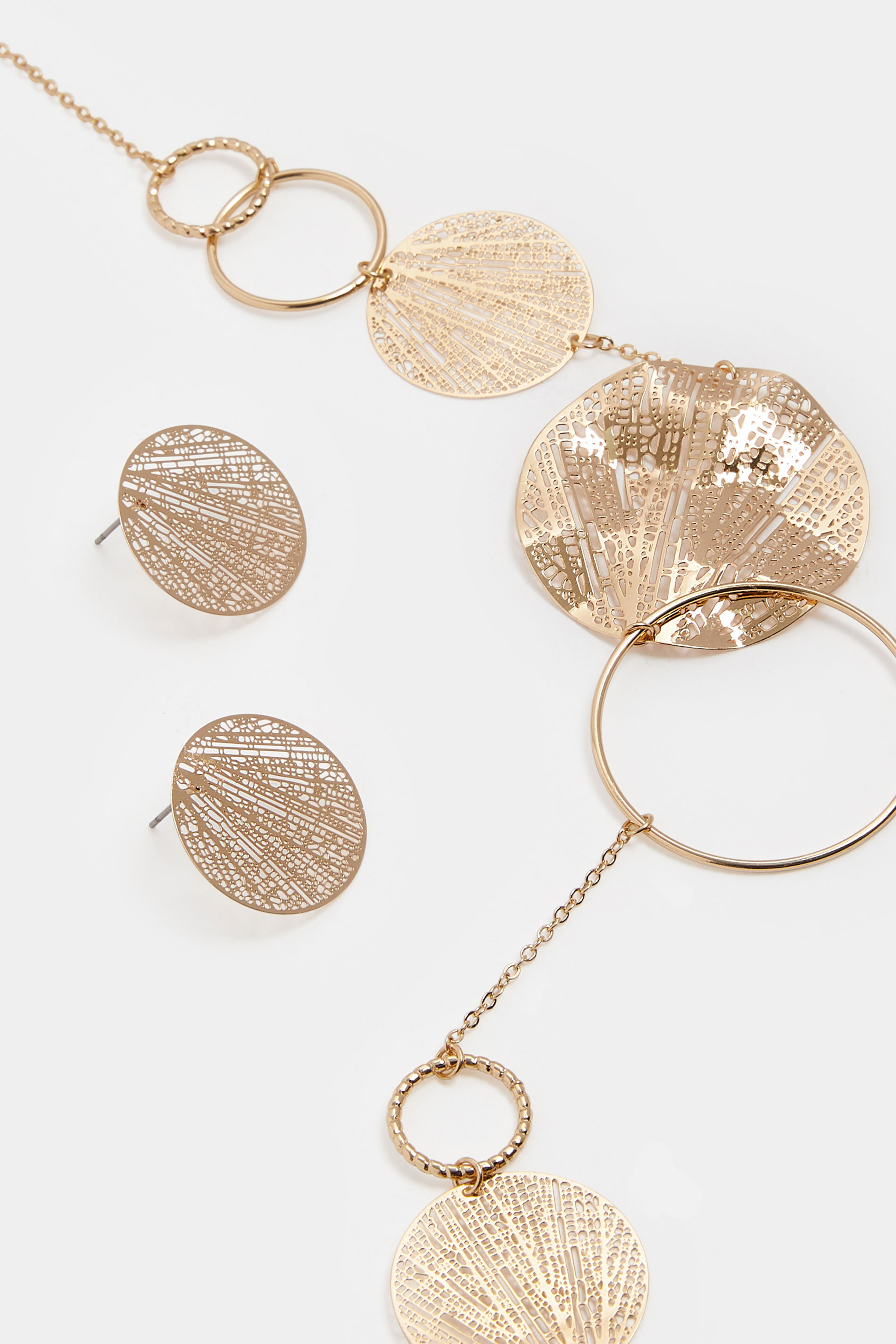 Gold Tone Long Circle Necklace & Earrings Set | Yours Clothing 2