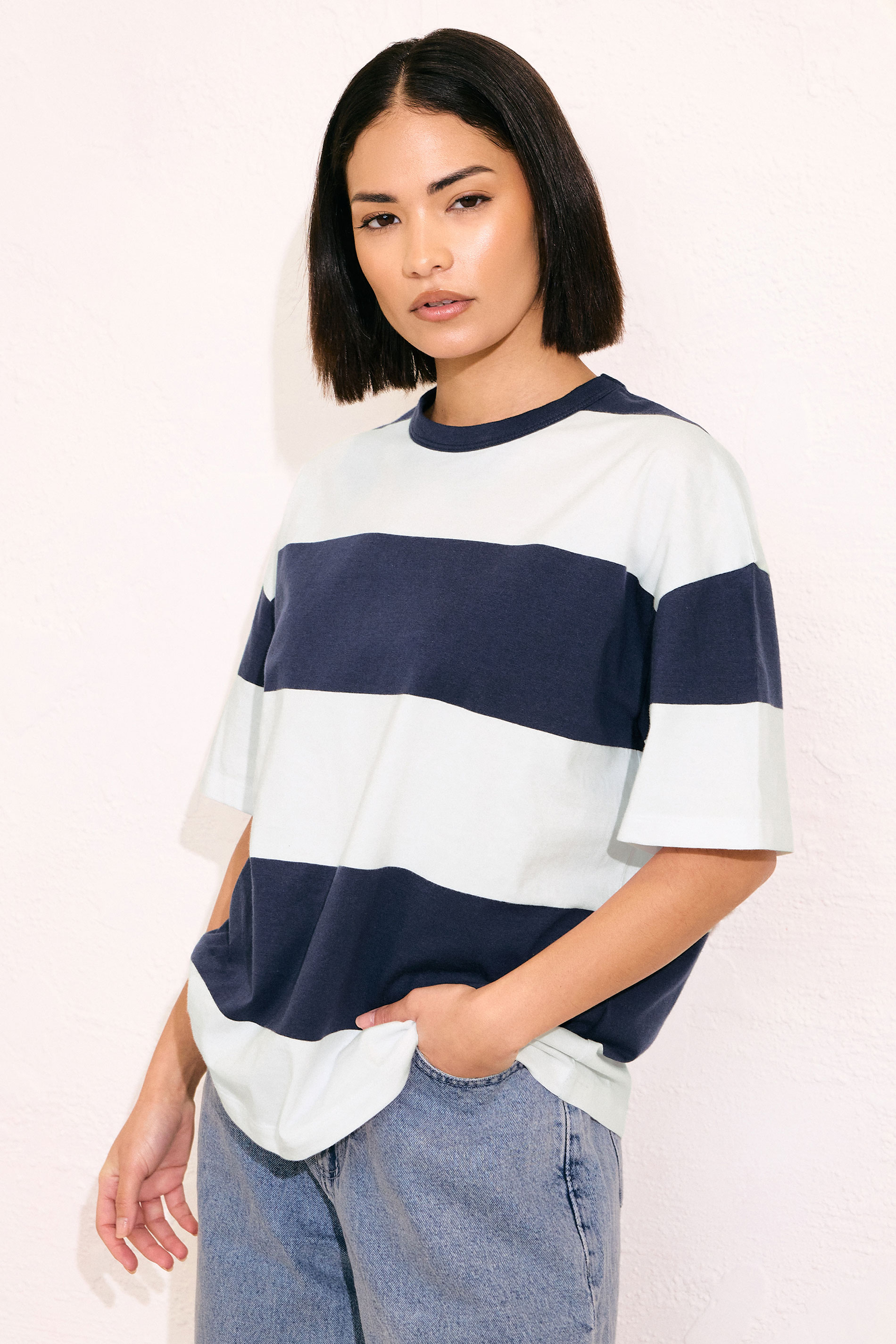 PixieGirl Petite Women's Navy Blue Striped Cotton Boxy T-Shirt | PixieGirl 3