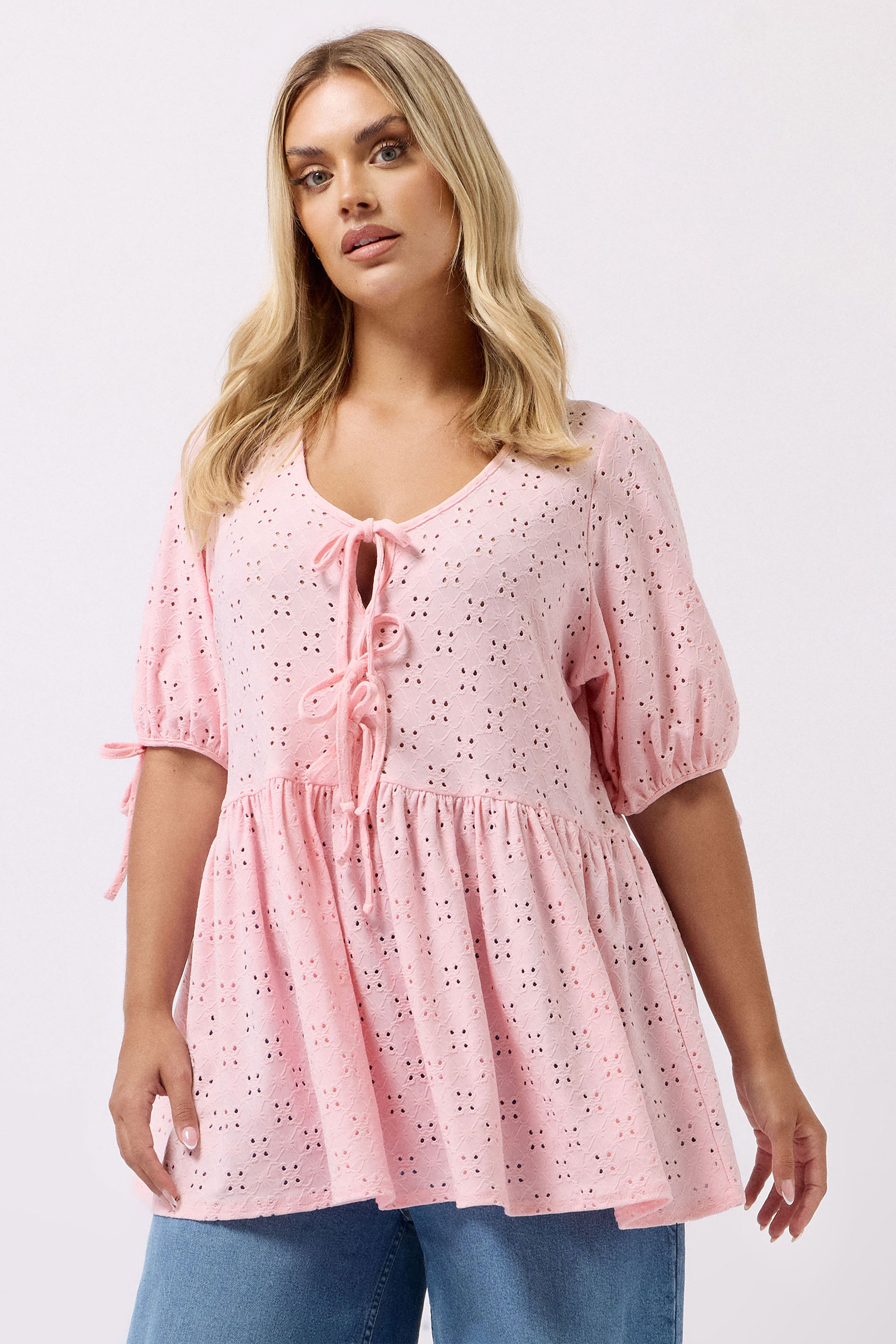 YOURS Plus Size Pink Broderie Anglaise Tie Front Peplum Top | Yours Clothing 3