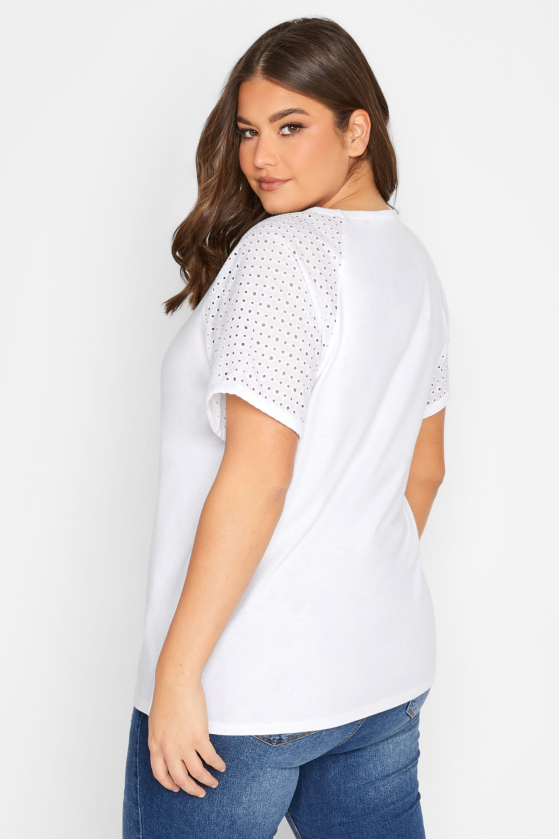 YOURS Plus Size White Broderie Anglaise Raglan T-Shirt | Yours Clothing 3
