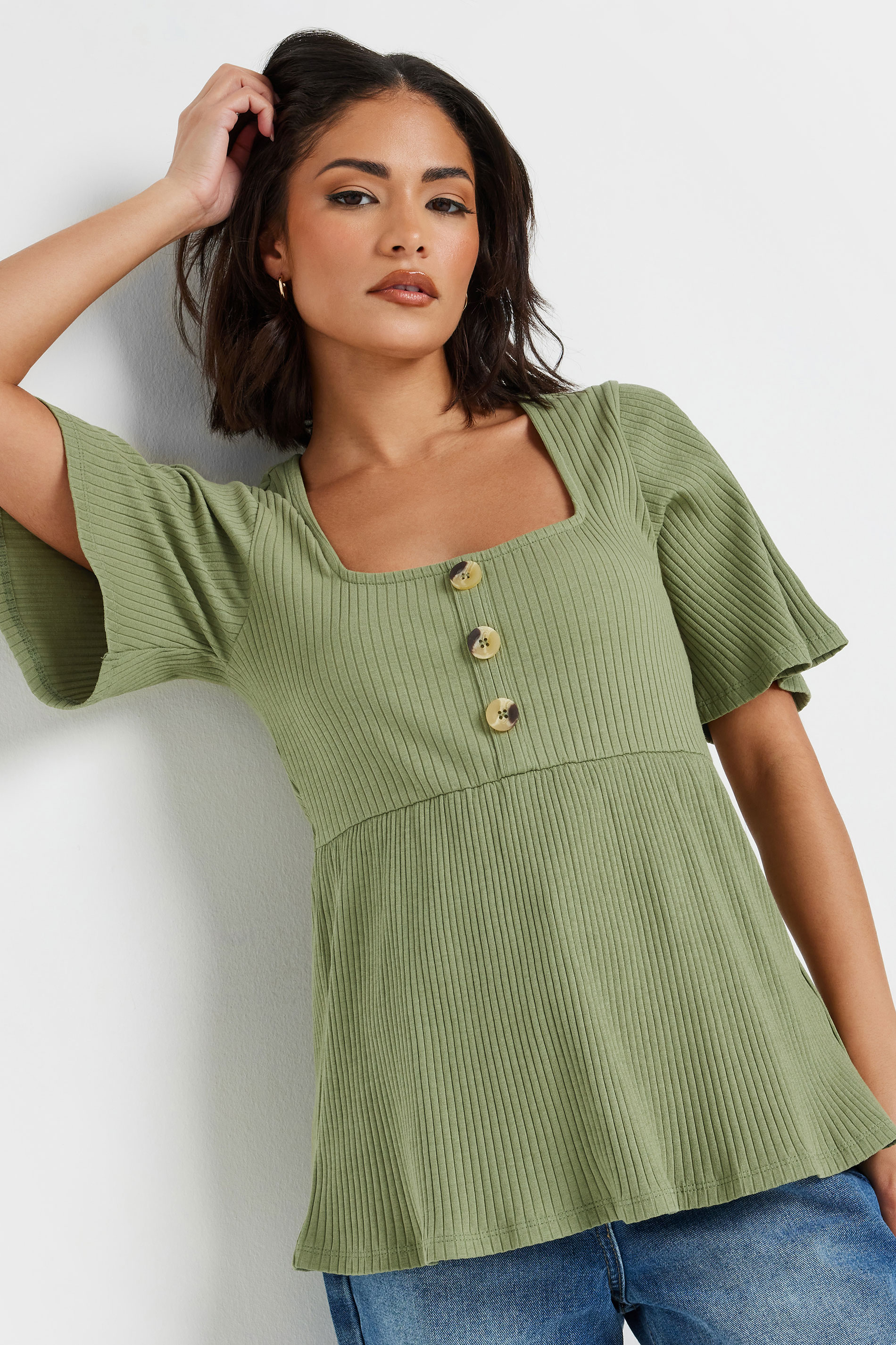PixieGirl Petite Women's Sage Green Ribbed Smock Top | PixieGirl 3