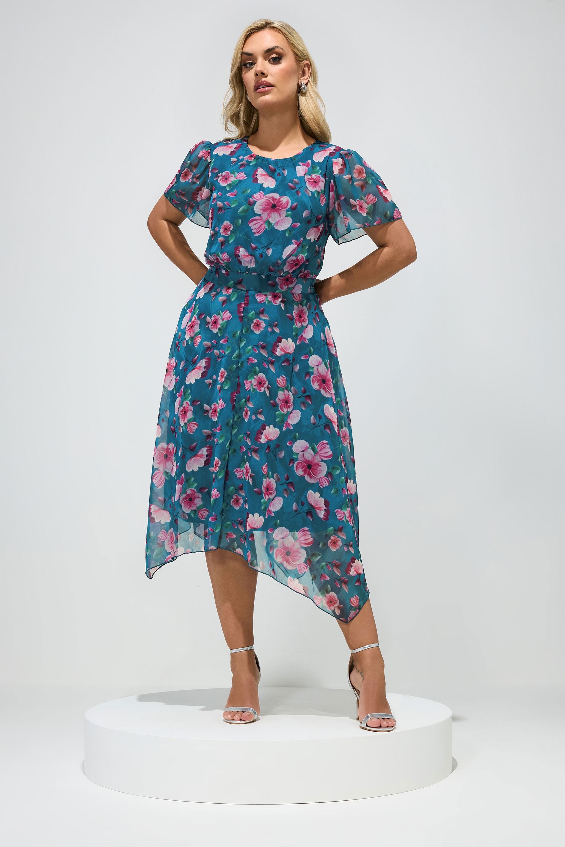 YOURS LONDON Plus Size Teal Blue Floral Ruffle Hem Dress | Yours Clothing 1