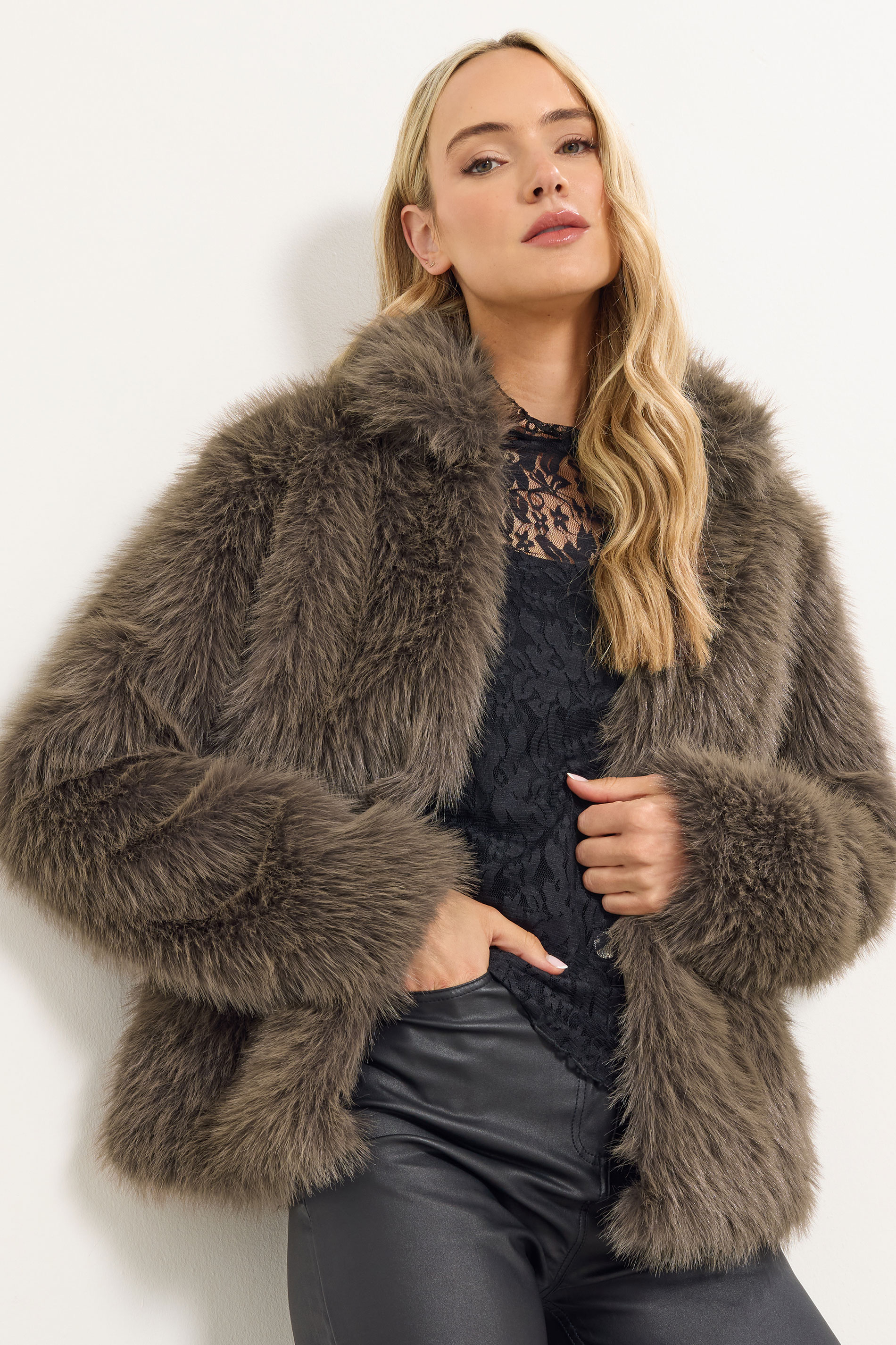 LTS Tall Chocolate Brown Faux Fur Jacket | Long Tall Sally 1