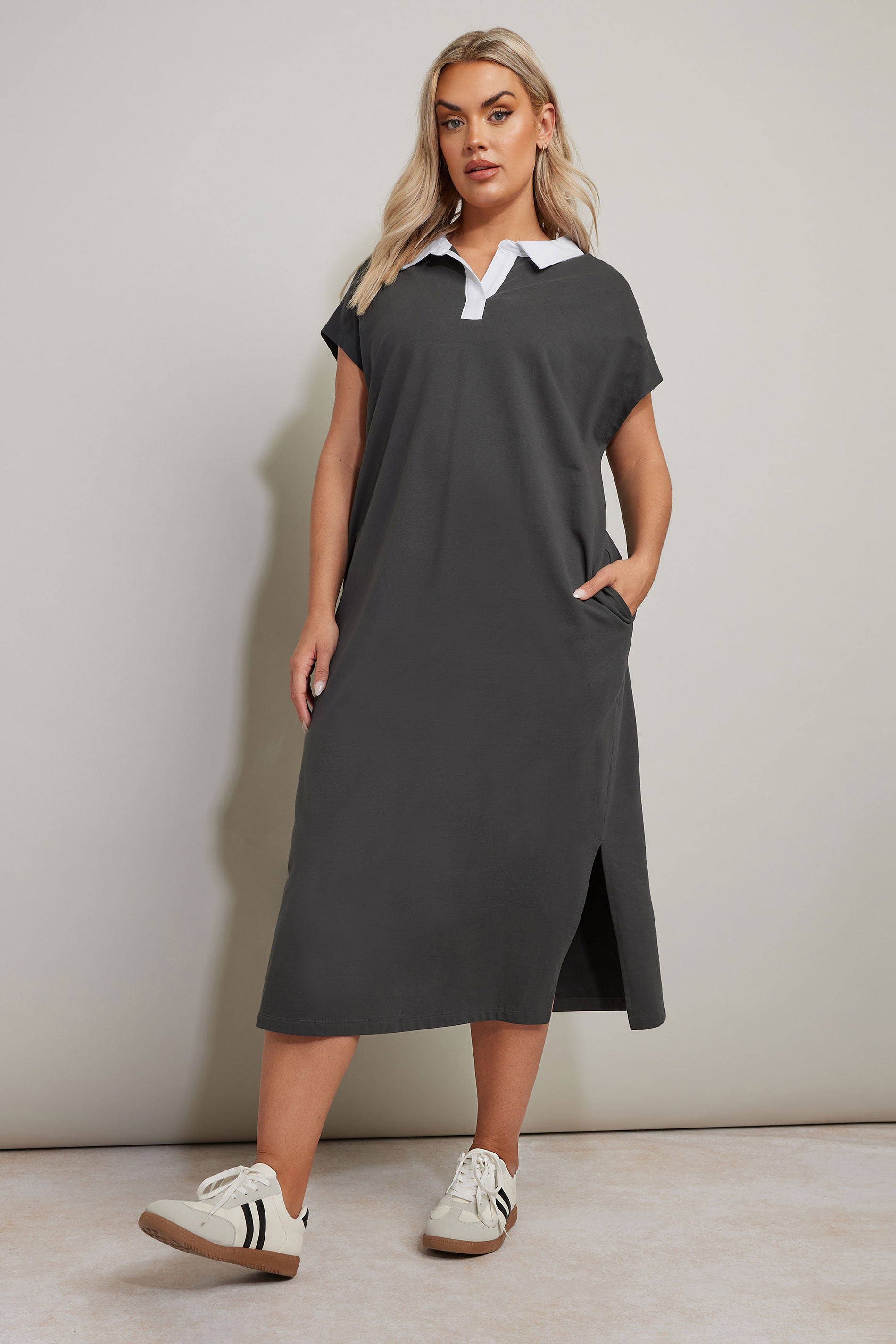 YOURS Plus Size Charcoal Grey Jersey Collar Grown-On Sleeve Dress | Yours Clothing 1