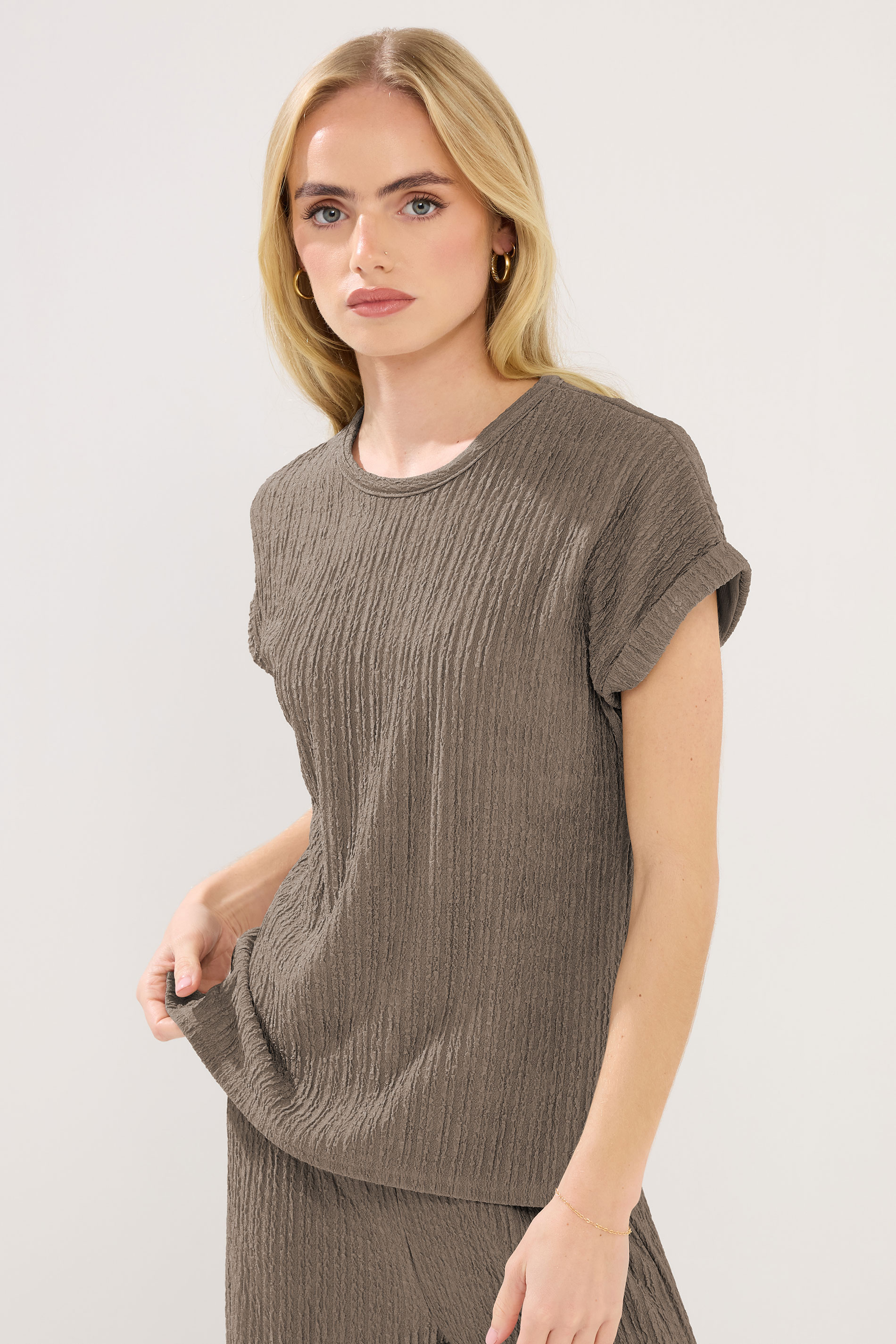 PixieGirl Petite Mocha Brown Textured Short Sleeve Top | PixieGirl 3
