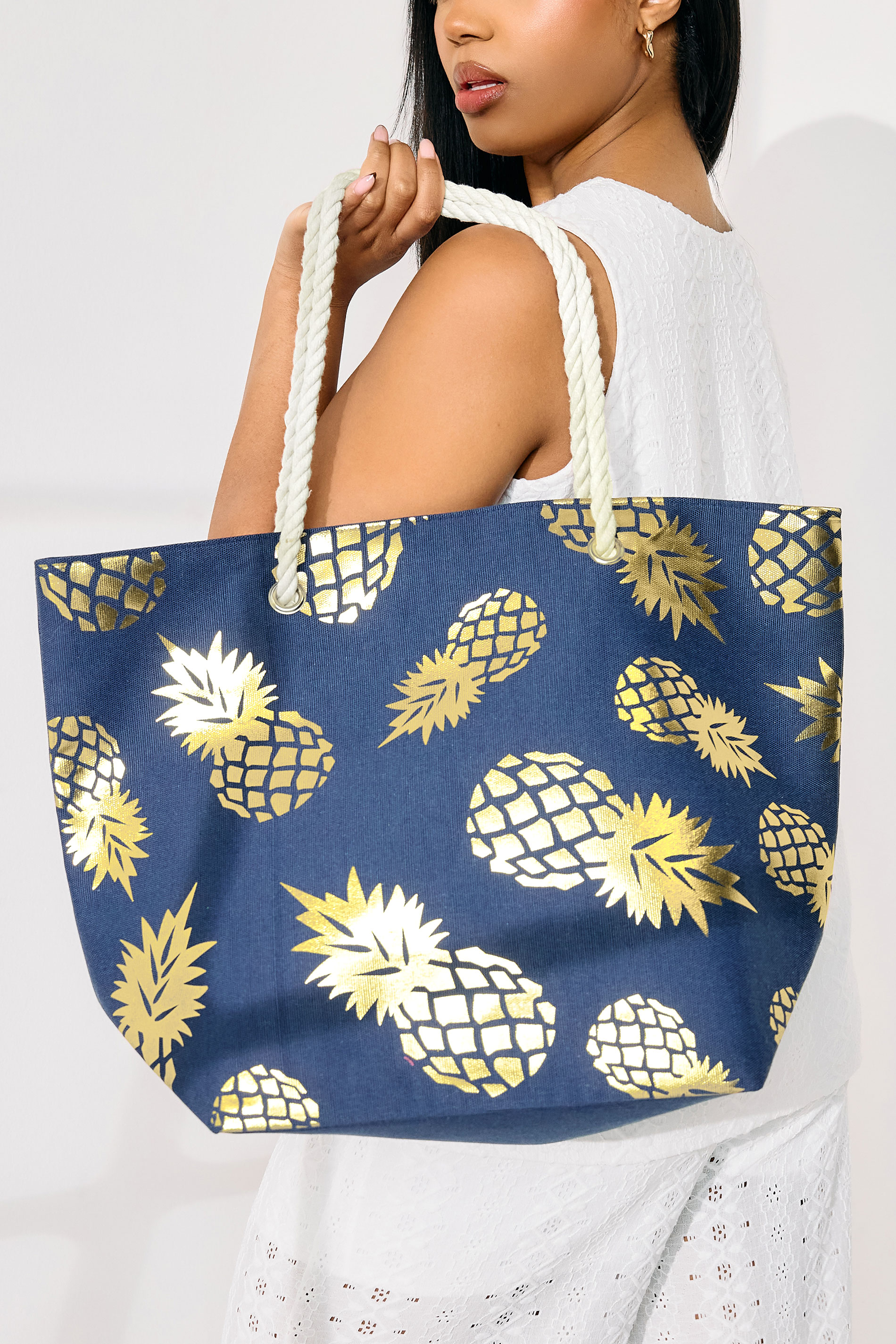 Navy Blue & Gold Pineapple Tote Bag | Yours Clothing 1