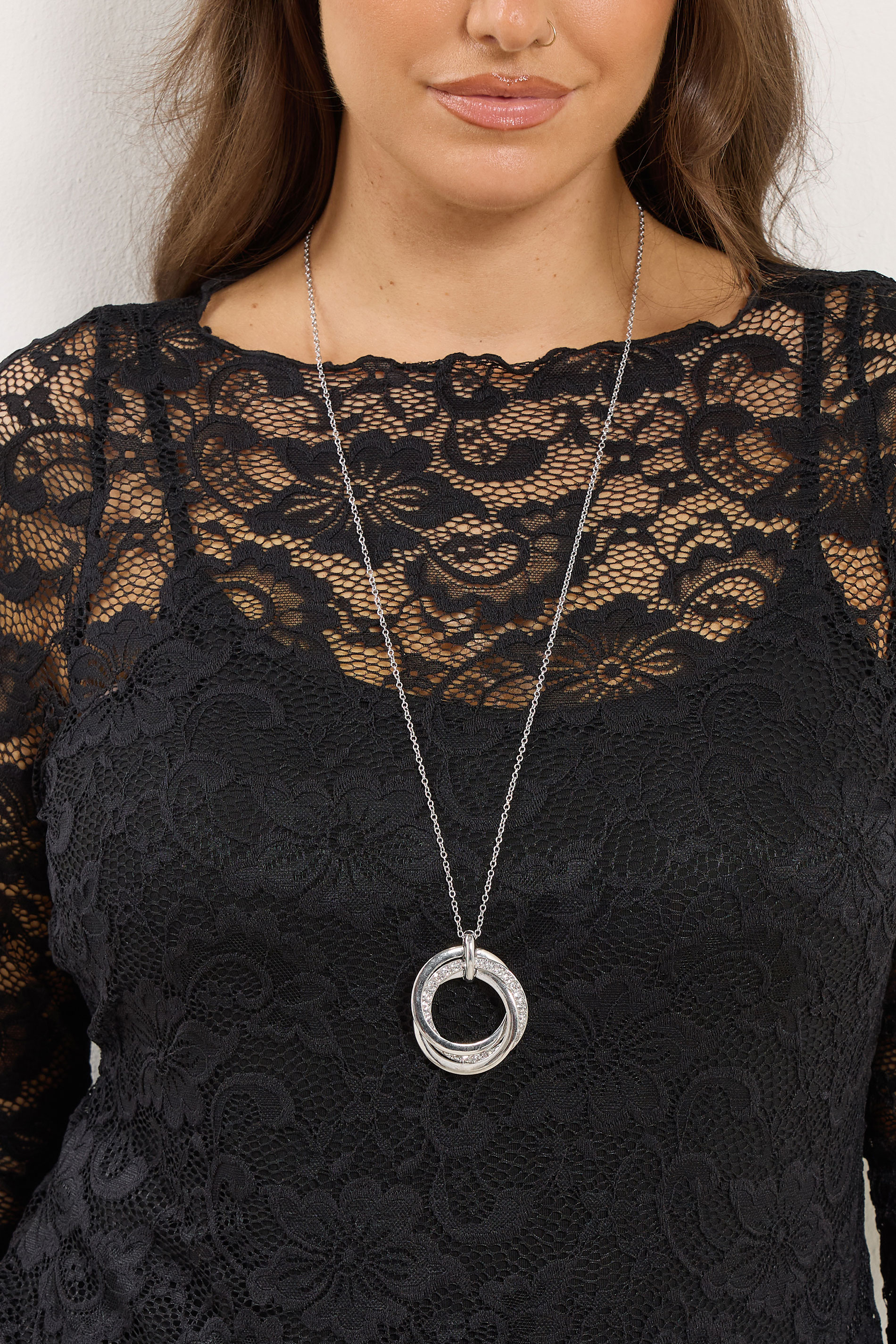 Women's Silver Yours Tone Long Diamante Circle Necklace Size One Size