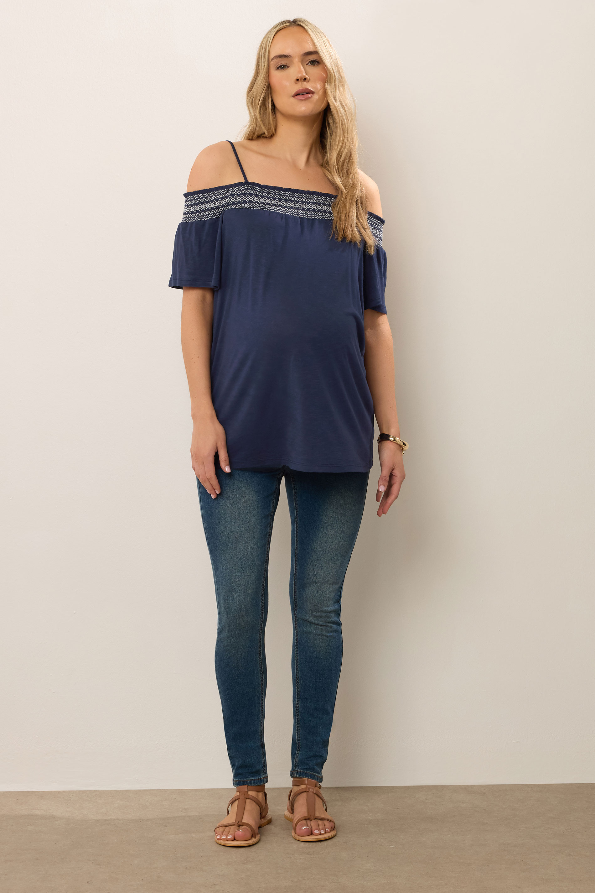 LTS Tall Maternity Navy Blue Embroidered Bardot Top | Long Tall Sally 1