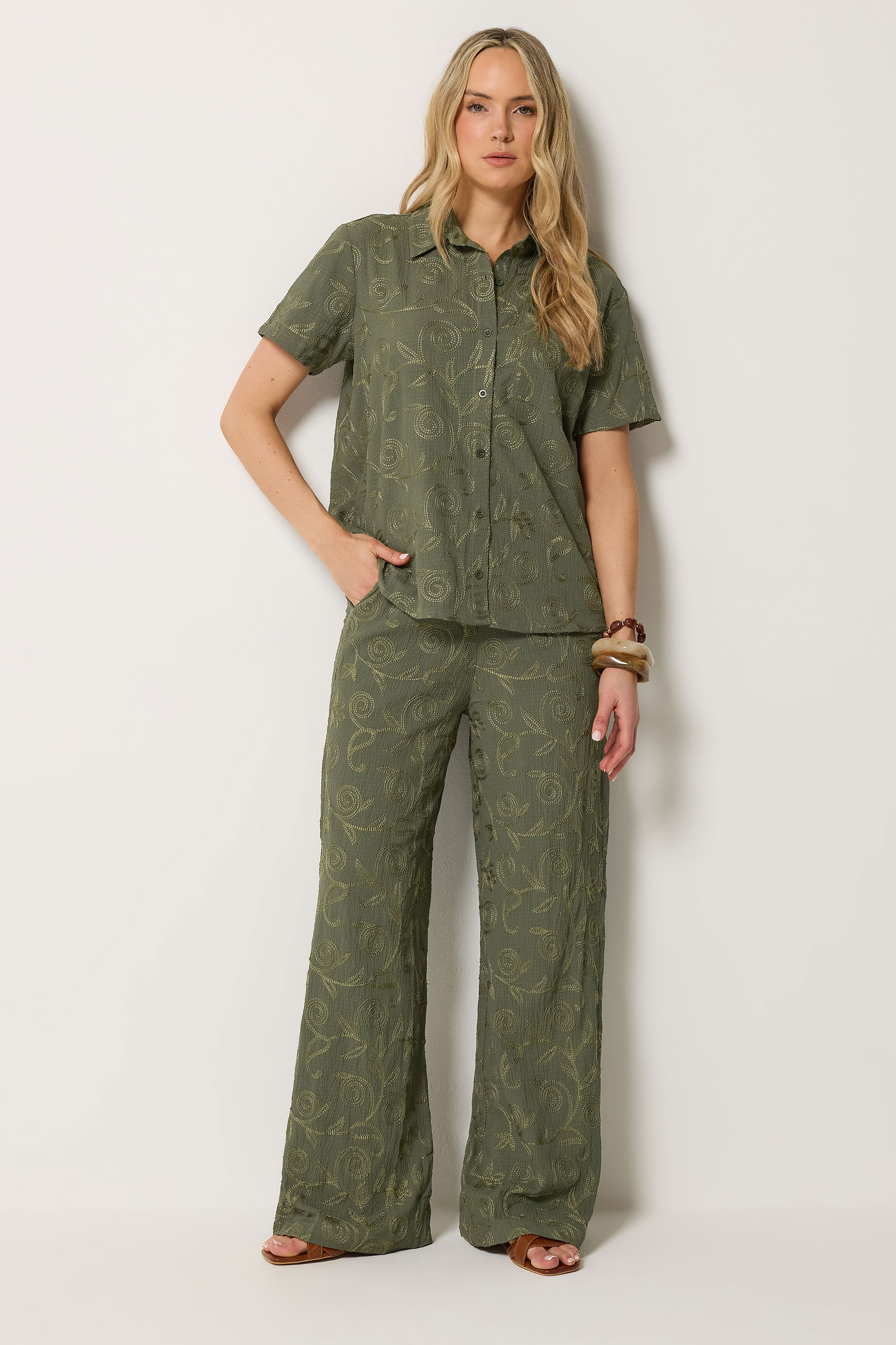 LTS Tall Women's Set Olive Green Floral Embroidered Shirt & Trousers | Long Tall Sally  3