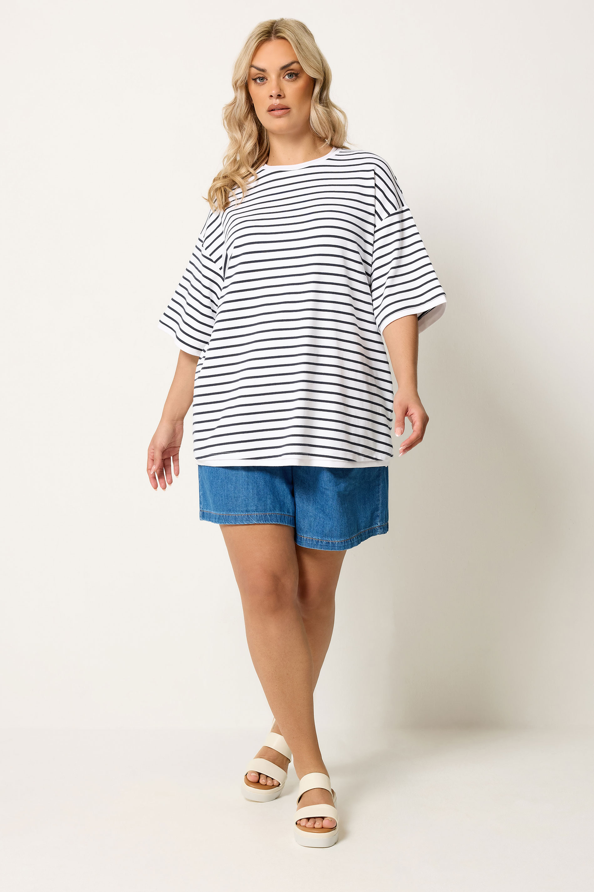YOURS Plus Size White Stripe Ringer T-Shirt | Yours Clothing 1