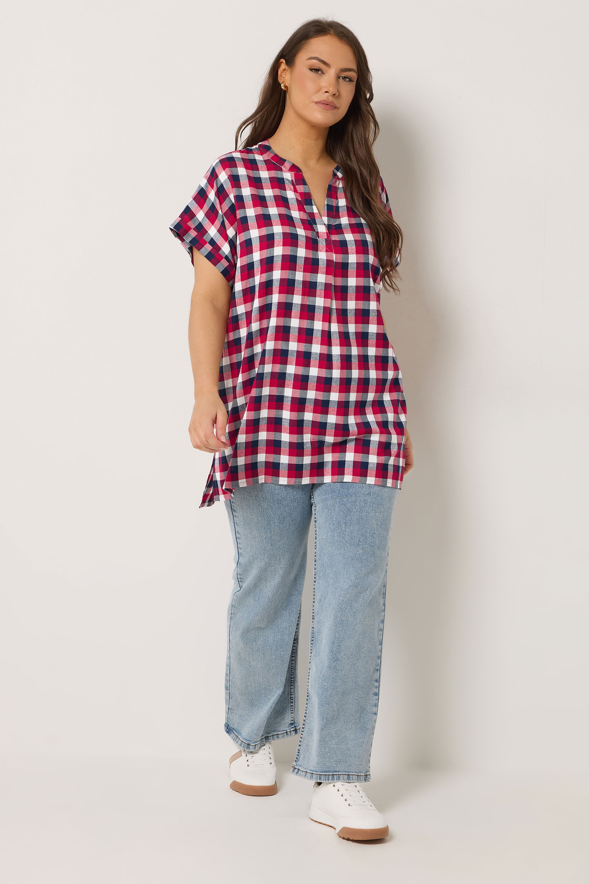 YOURS Plus Size Red Check Overhead Half Placket Shirt | Yours Clothing 1