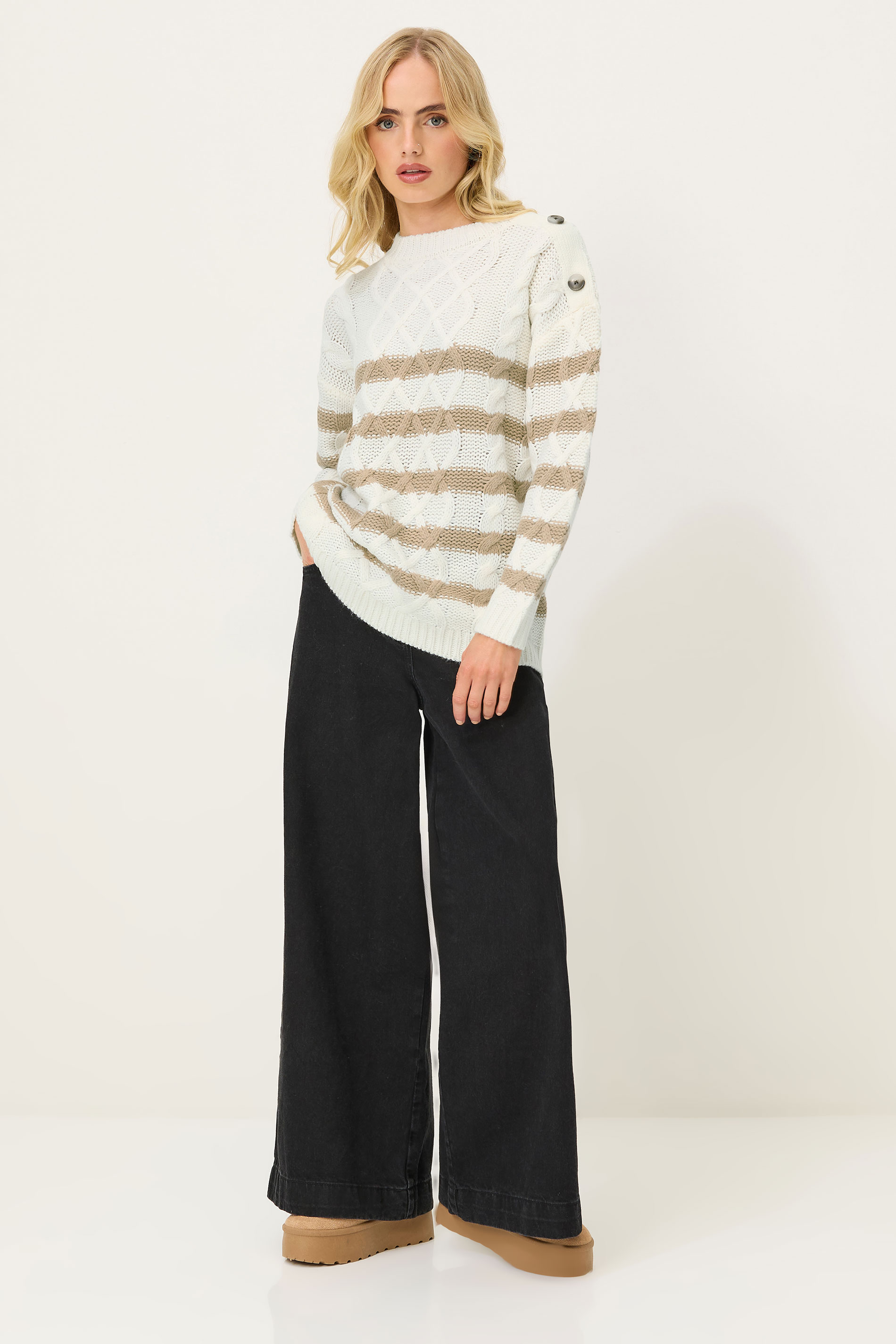 PixieGirl Petite Women's Ivory White Striped Cable Knit Jumper | PixieGirl 1