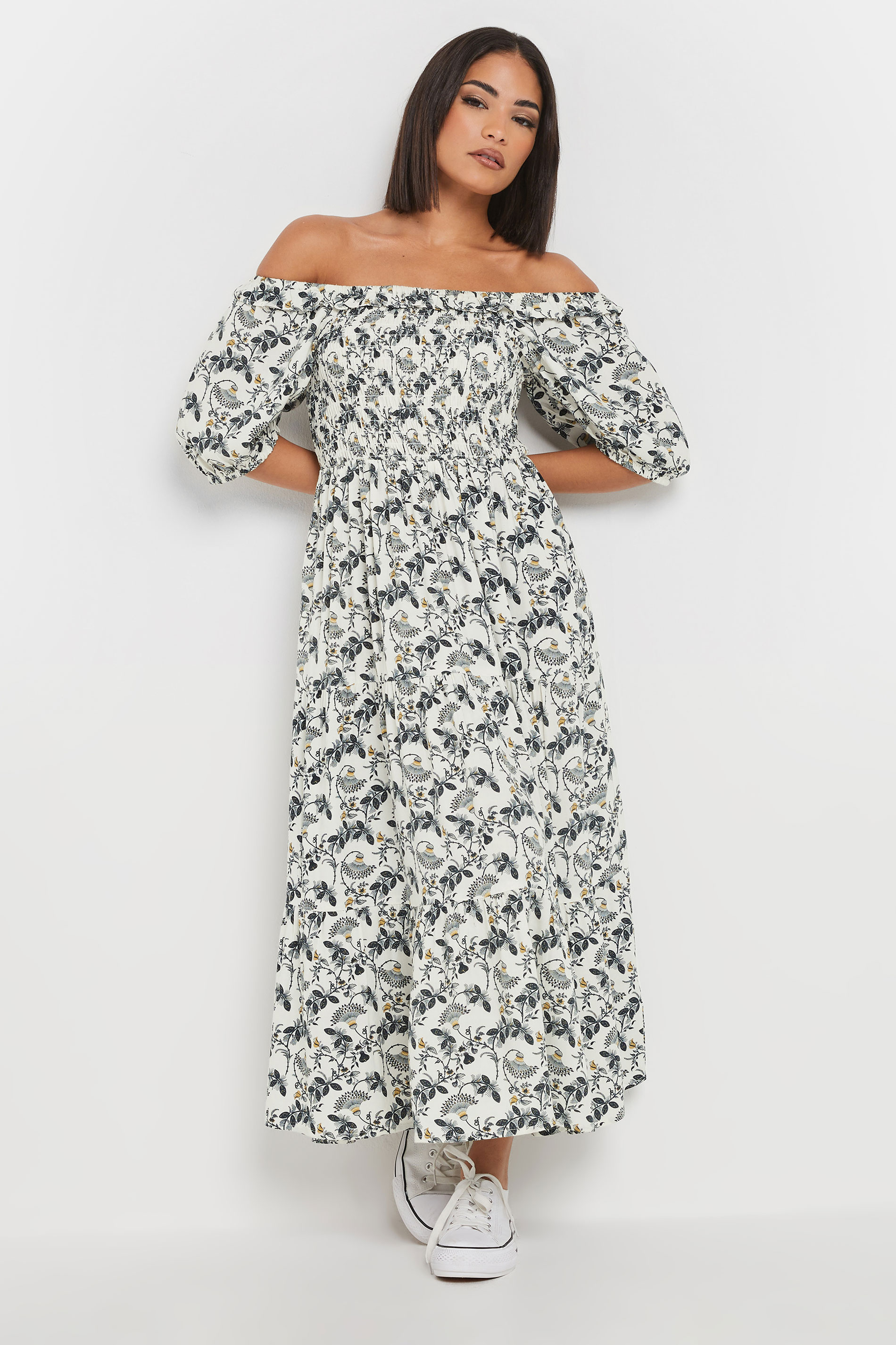 PixieGirl Petite Women's White Paisley Floral Tiered Bardot Dress | PixieGirl 1