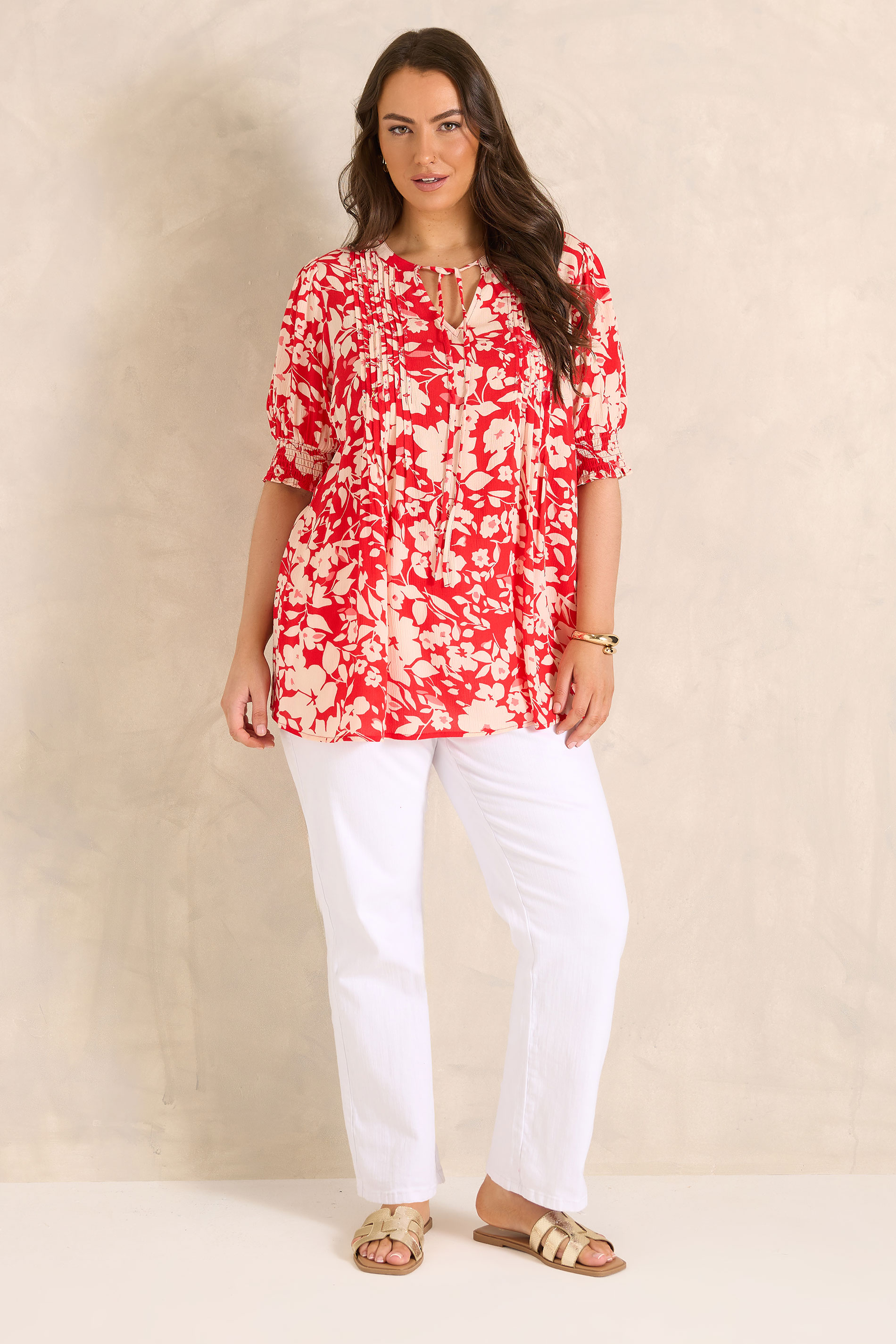 EVANS Plus Size Red Floral Pintuck Tie Neck Blouse | Evans 2