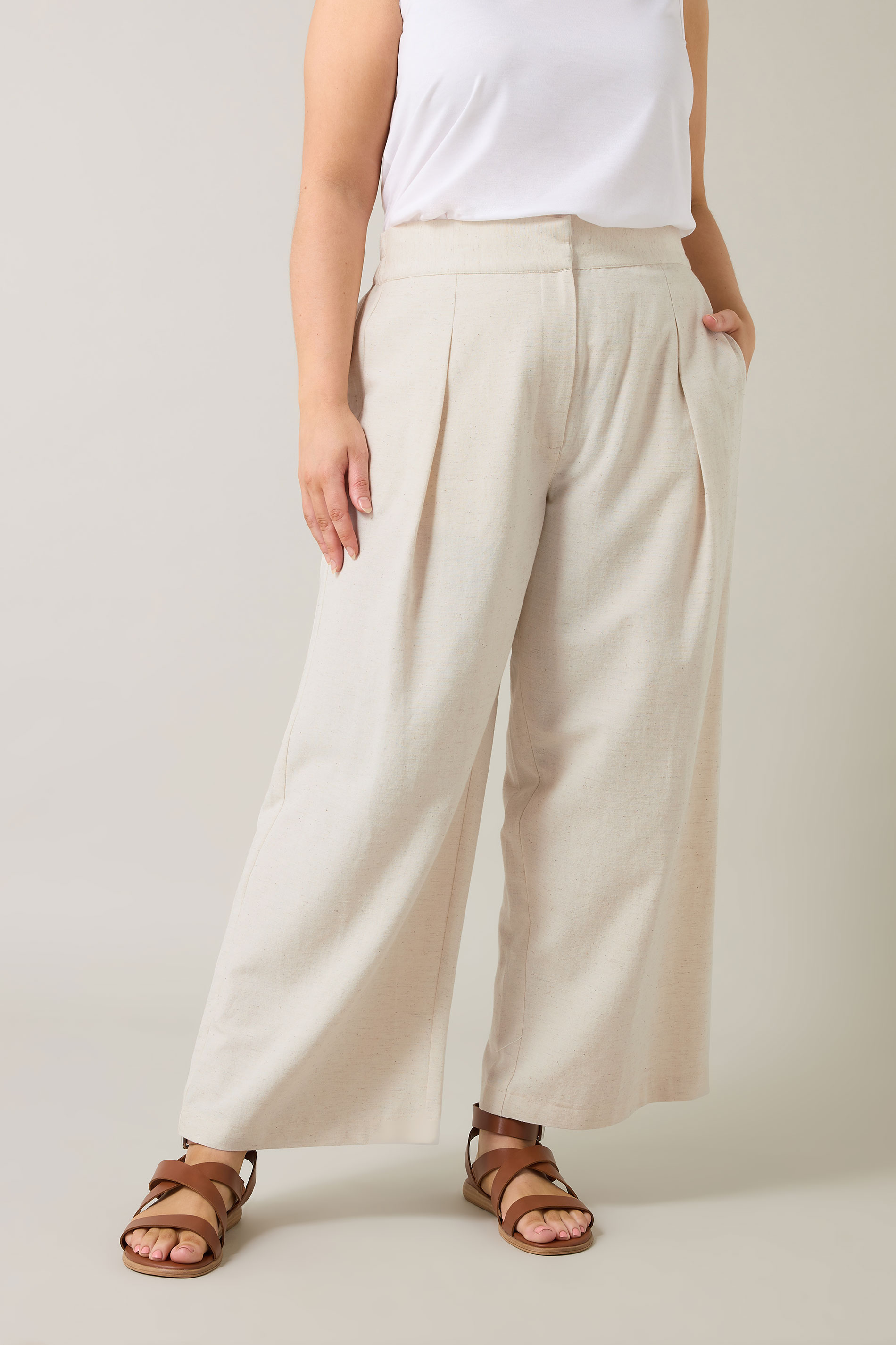 EVANS Plus Size Natural Brown Tailored Linen Trousers | Evans 3