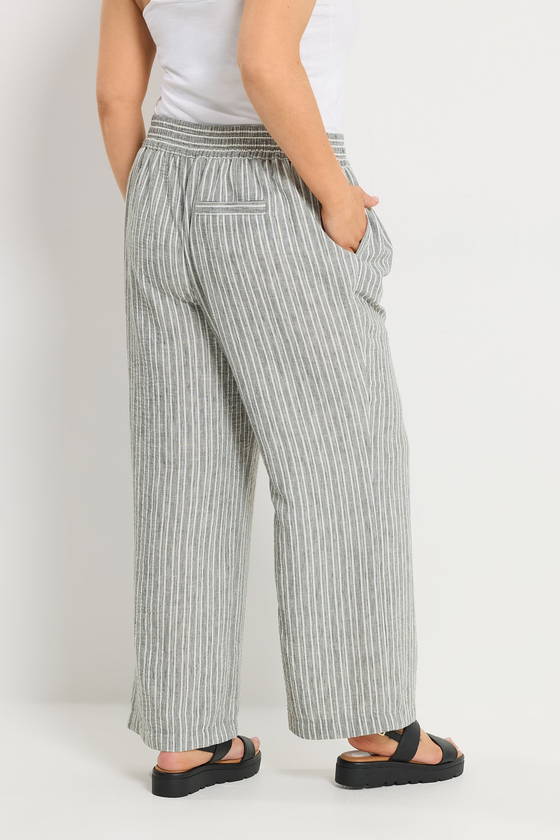 YOURS Plus Size Grey Stripe Linen Look Trousers | Yours Clothing 2