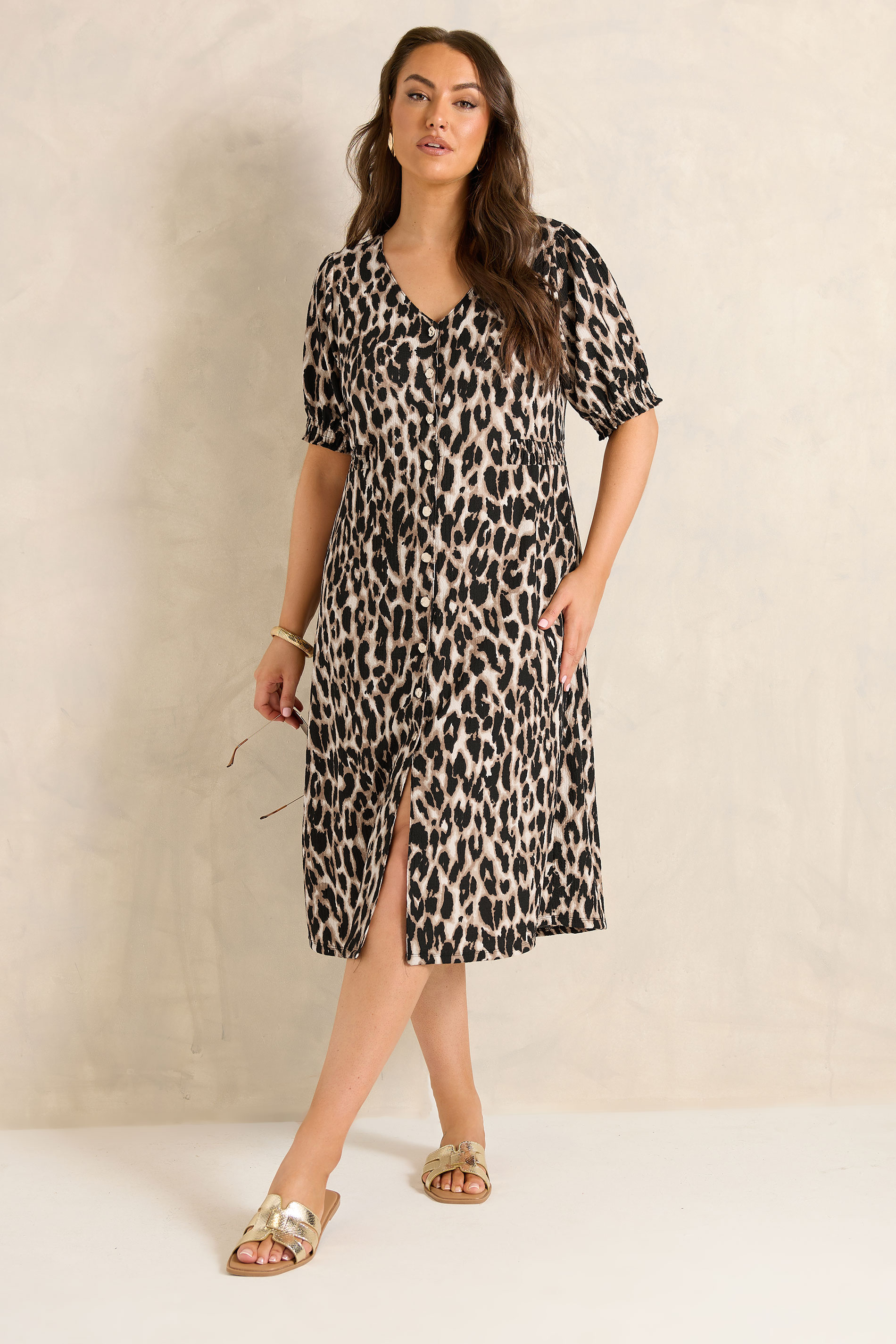 EVANS Plus Size Brown Button Through Animal Print Midi Dress | Evans 1