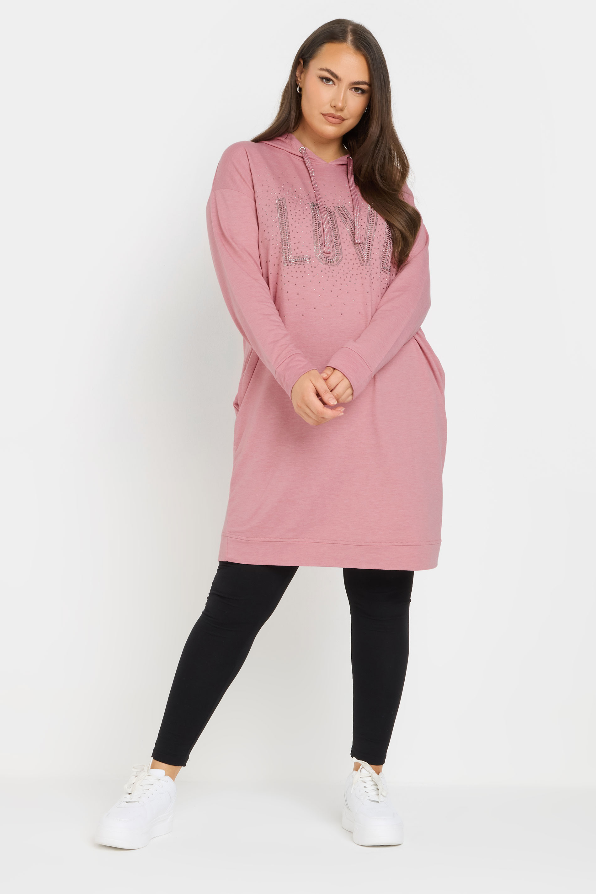 YOURS Plus Size Pink Diamante Embellished 'Love' Hoodie Dress | Yours Clothing 3