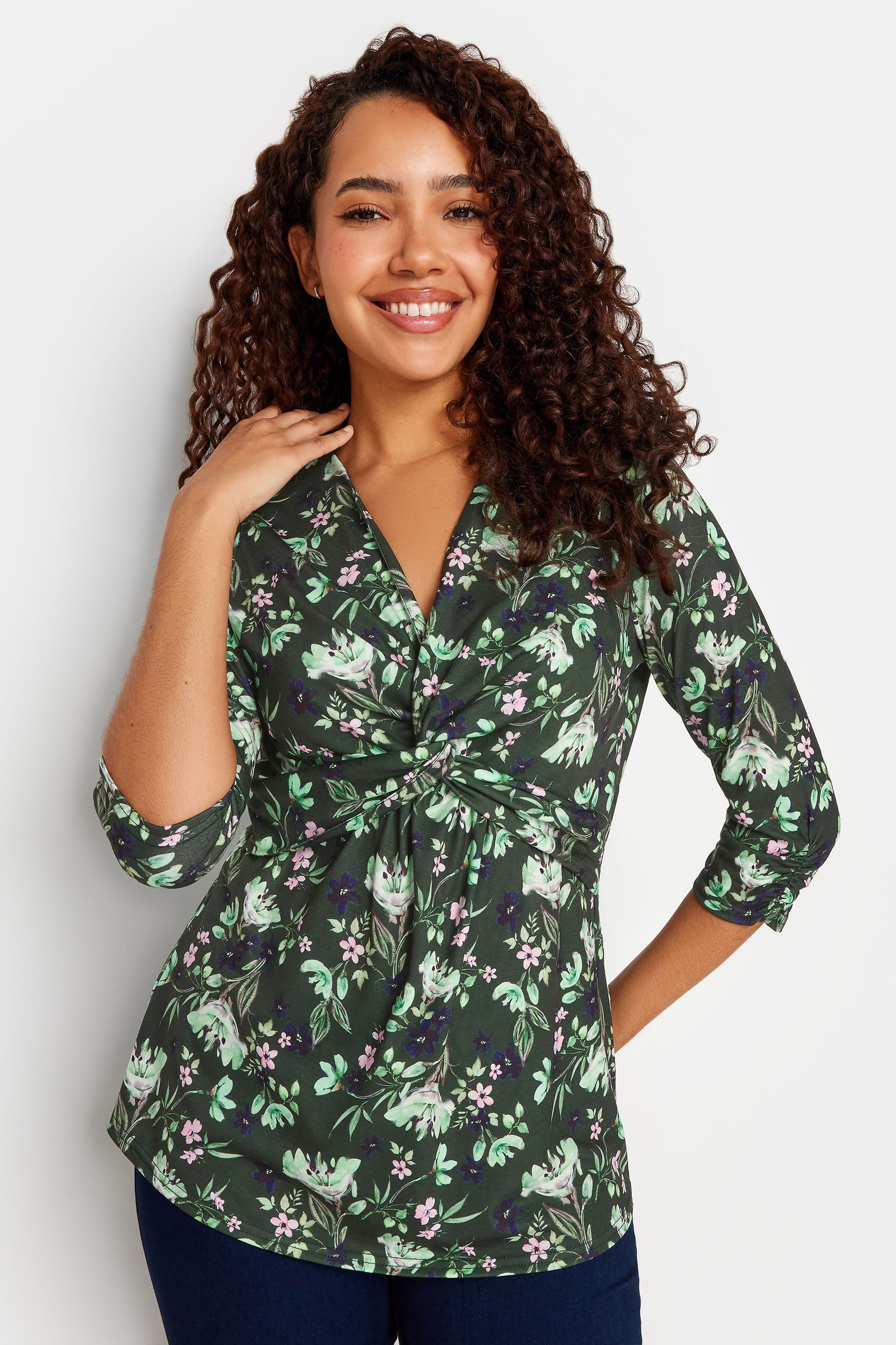M&Co Green Floral Print Twist Front Top | M&Co 1