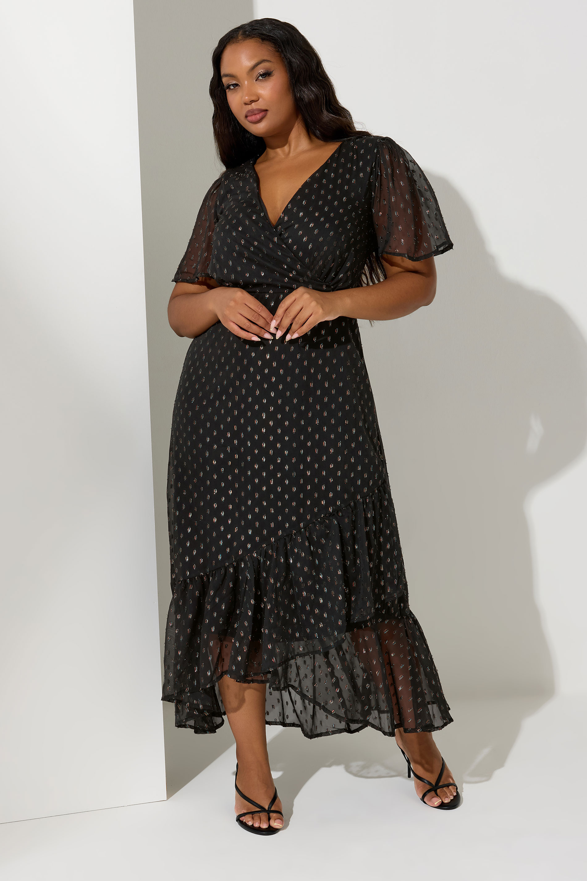 YOURS LONDON Plus Size Black Metallic Dobby Wrap Dress | Yours Clothing  1