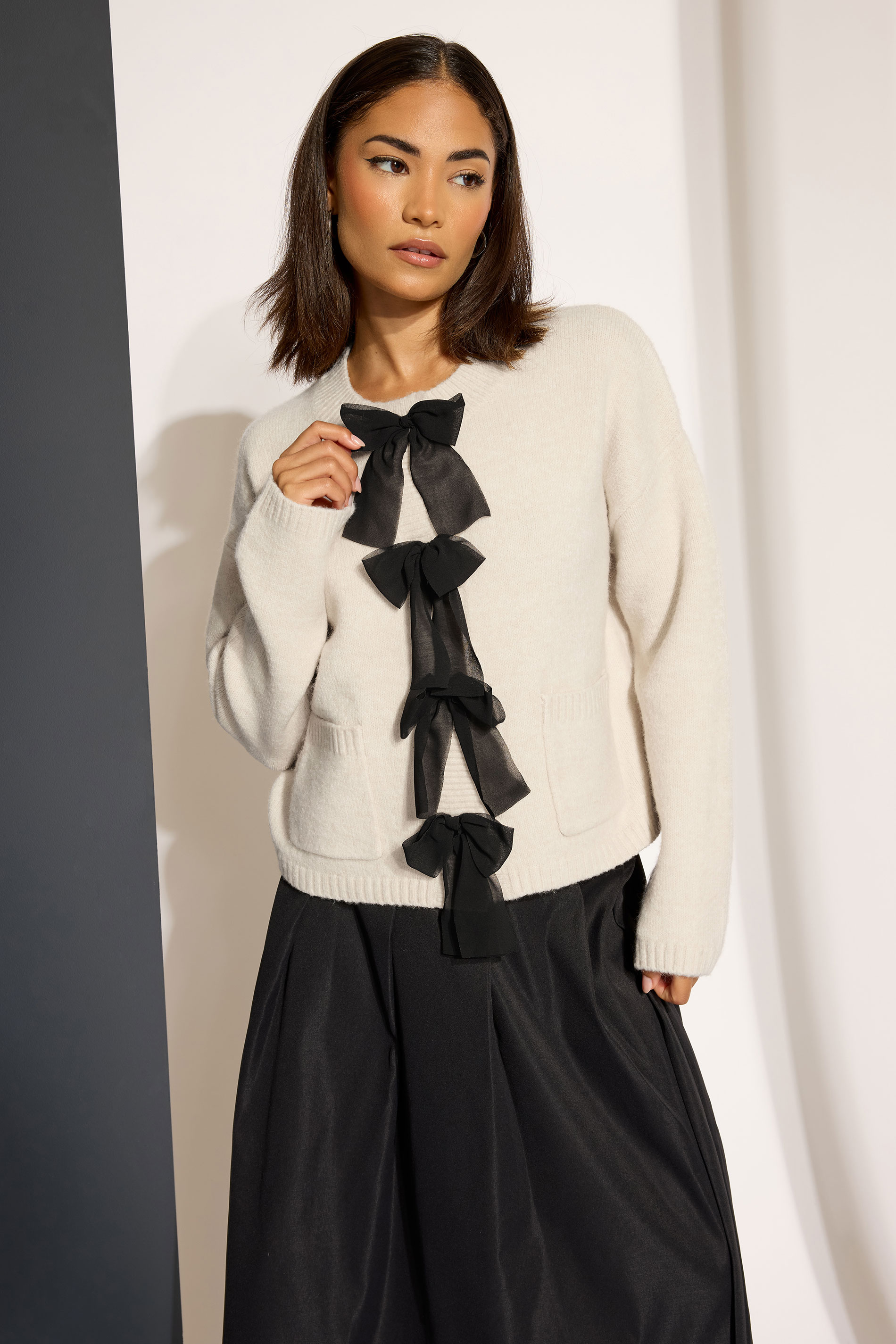 PixieGirl Petite Women's Cream Knitted Bow Front Cardigan | PixieGirl 3
