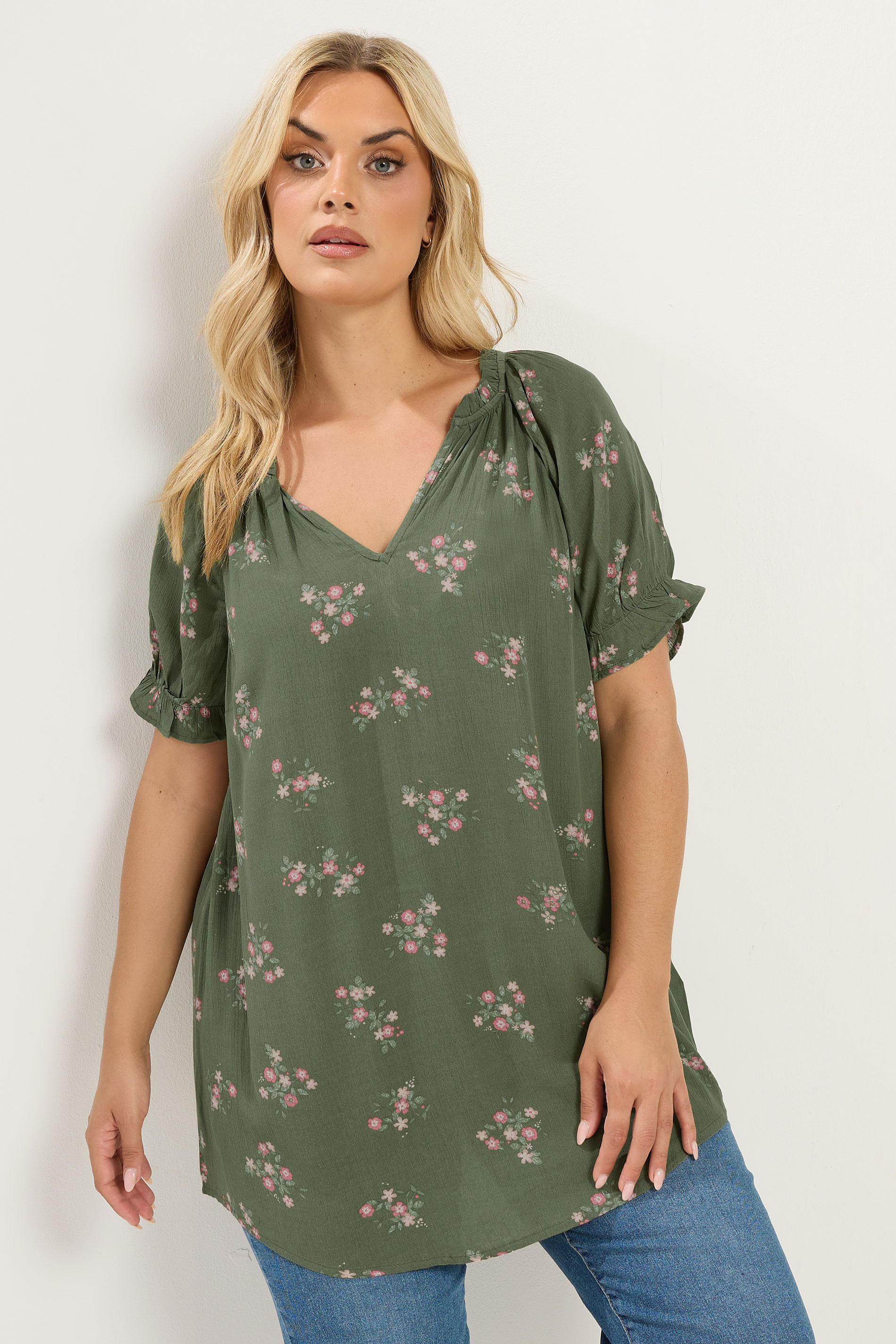 YOURS Plus Size Green Floral Notch Neck Blouse | Yours Clothing 3